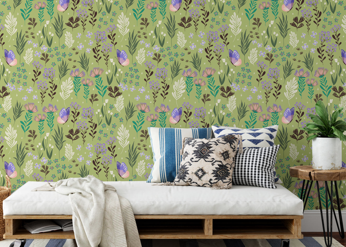 Nature-inspired butterfly meadow wallpaper with soft green tones.