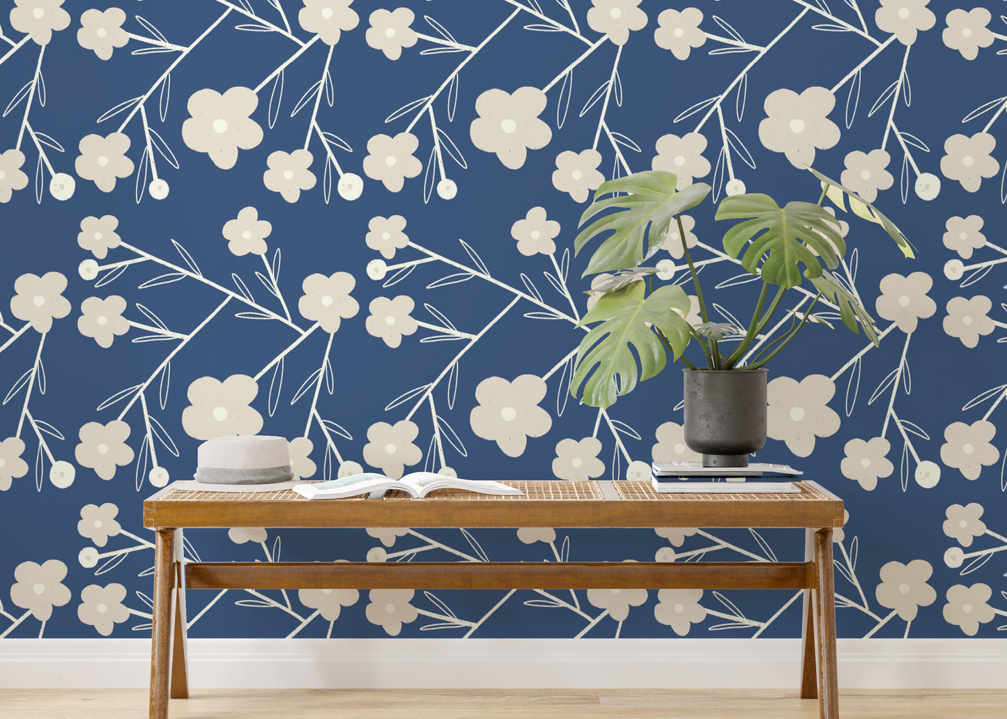 Navy Blue Modern Flower Buds Bush Wallpaper for a fresh look