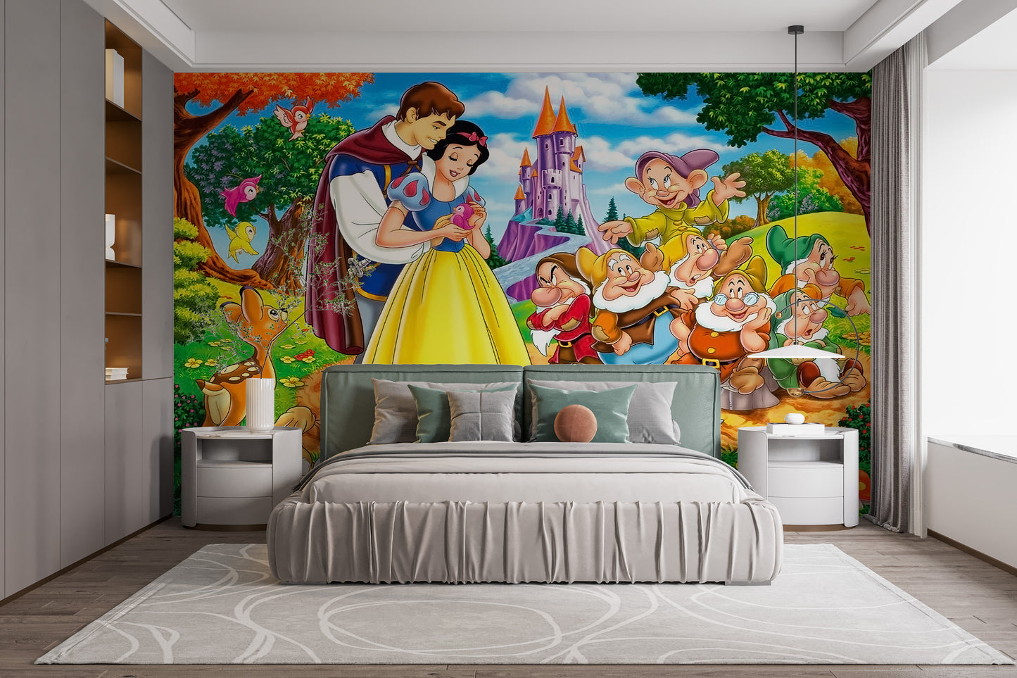 Snow White-themed saga mural with detailed story illustrations
