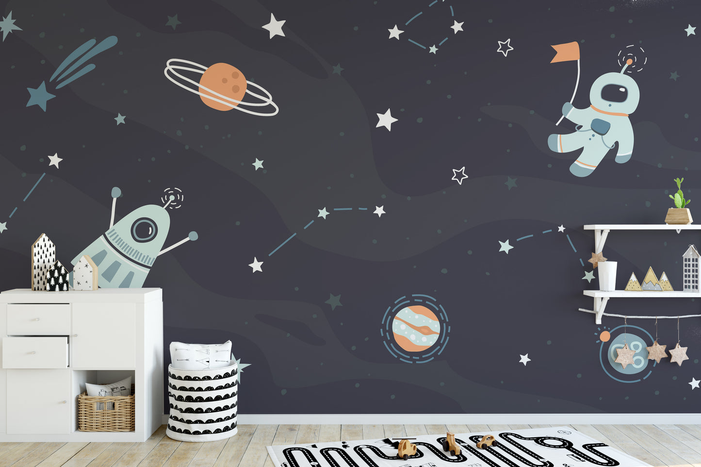Kid-friendly starry wallpaper with spaceships