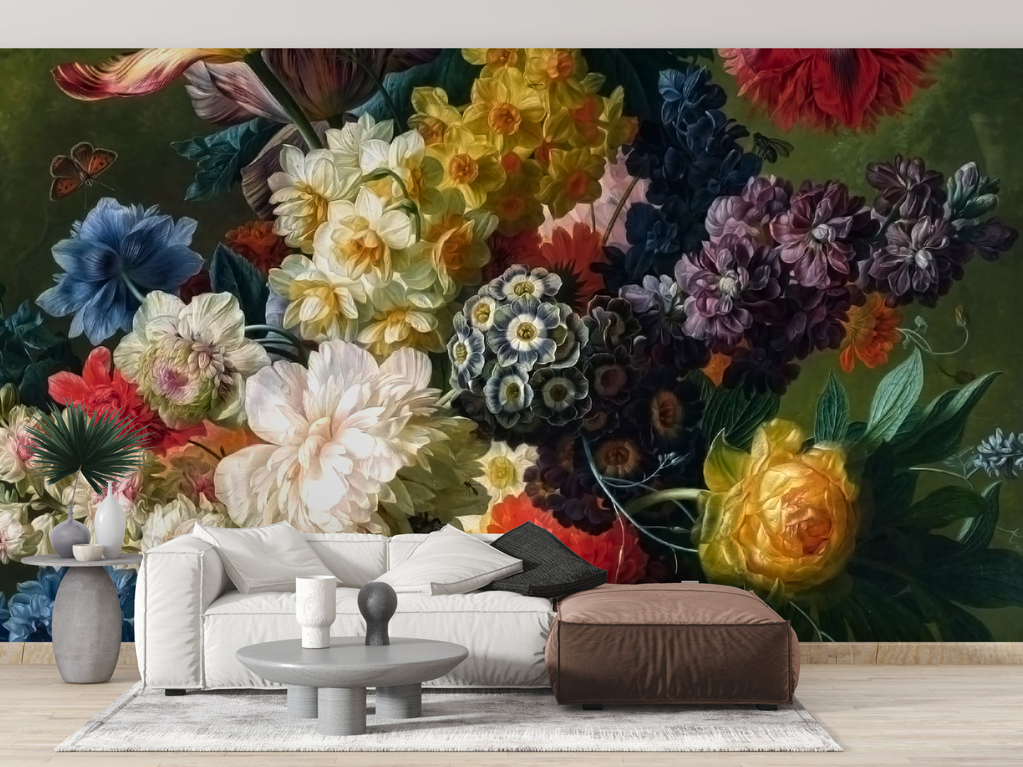 Dark-themed wallpaper with blooming flowers