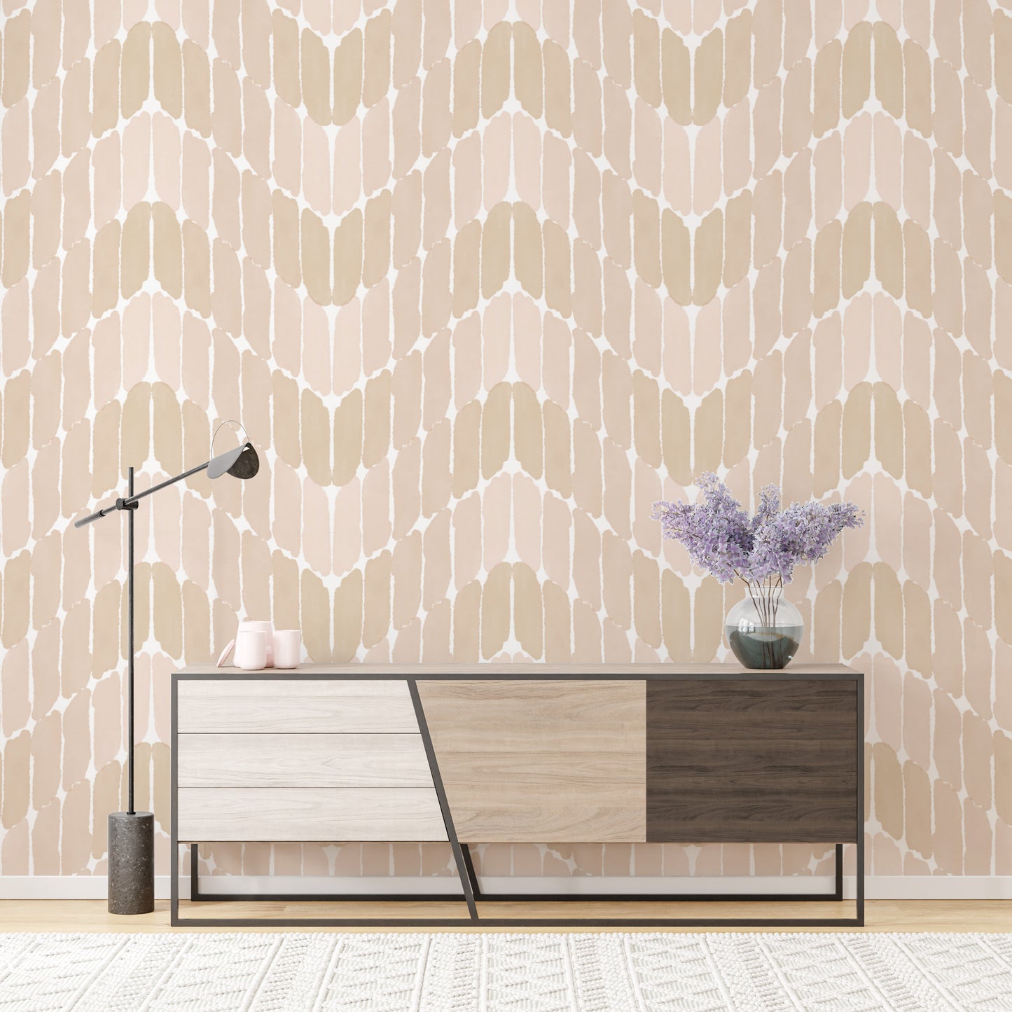 Minimalist paint stroke chevron grey mural for refined wall styling.