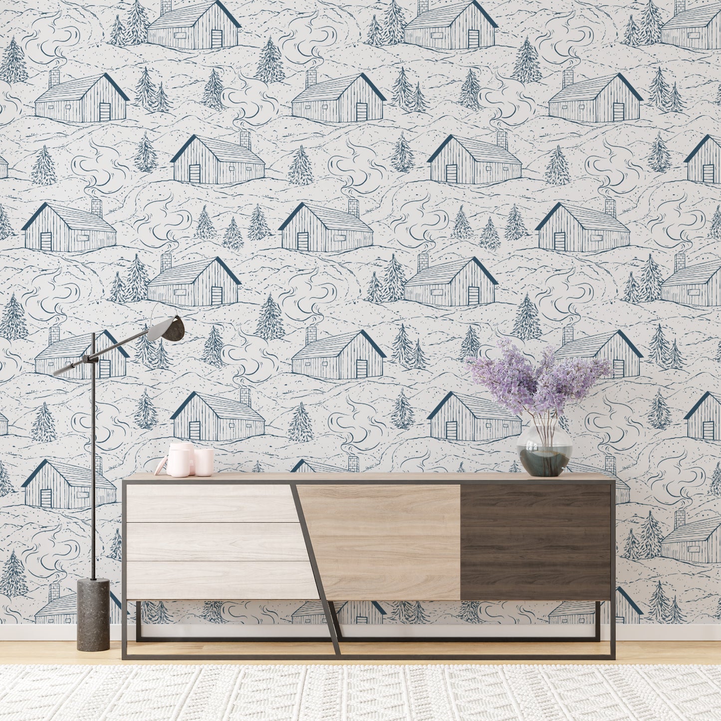 Minimalist blue smokey cabins wallpaper for subtle, elegant walls.