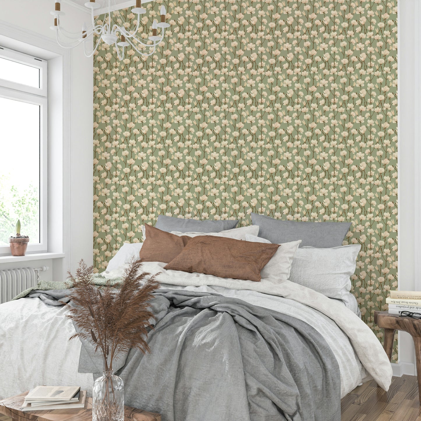 Green magnolia wallpaper with calming natural tones