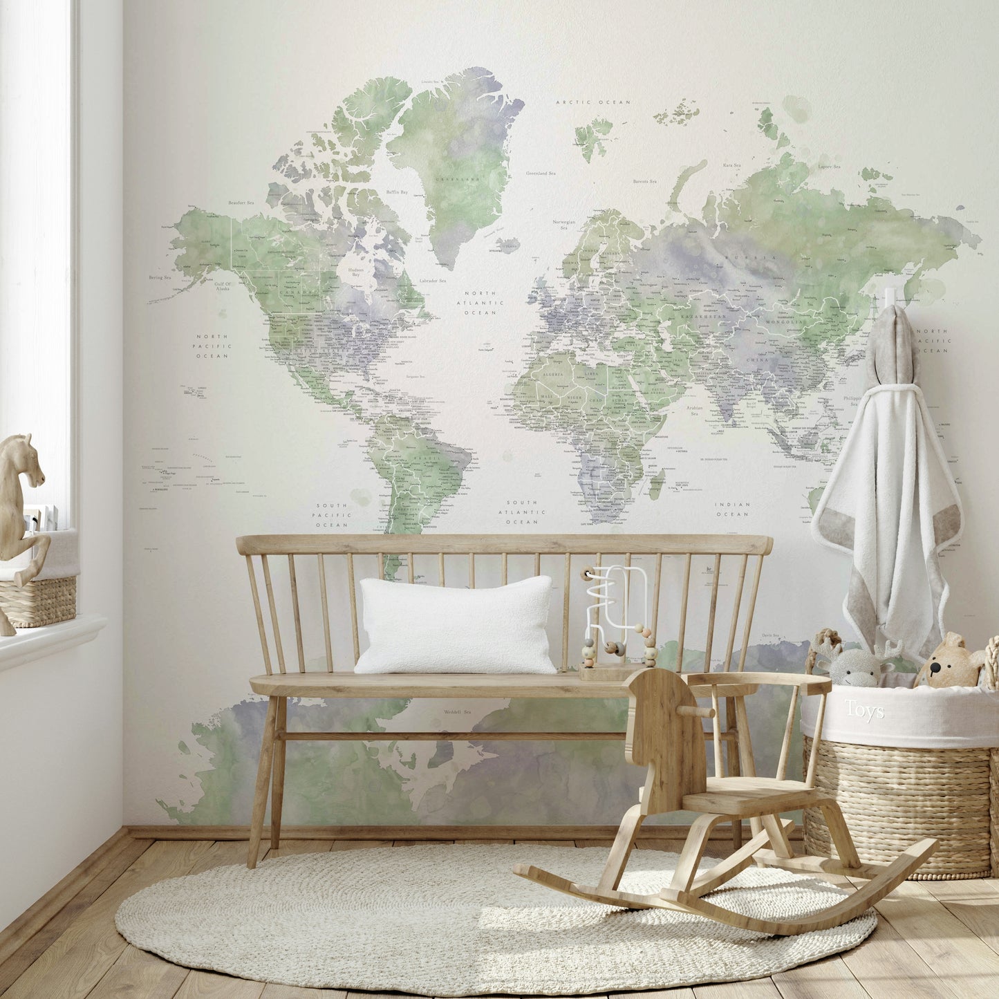 Global map wall décor in soft sage green