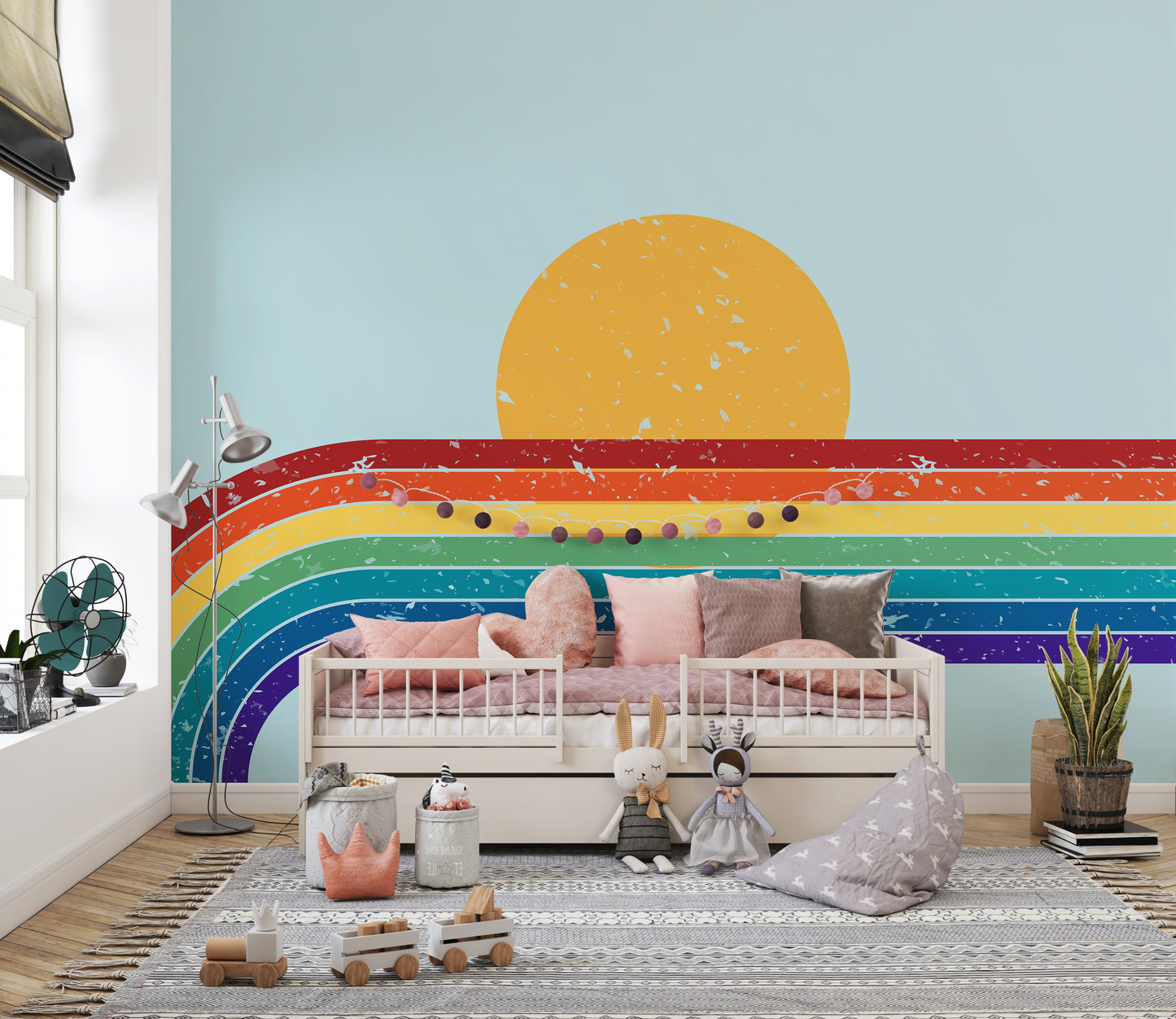 Minimalist rainbow mural with soft textures