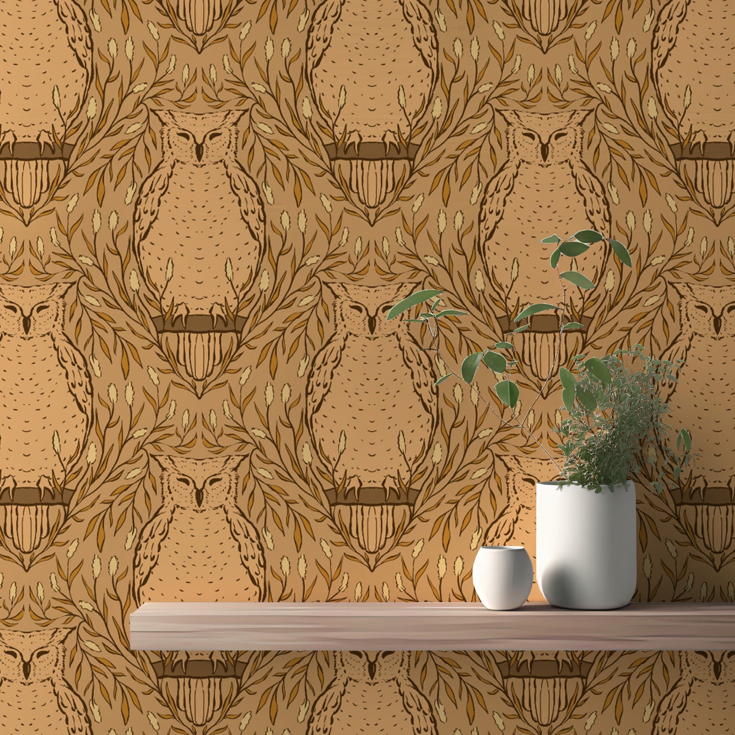 Trendy harvest owl mural for modern, rustic-themed decor.