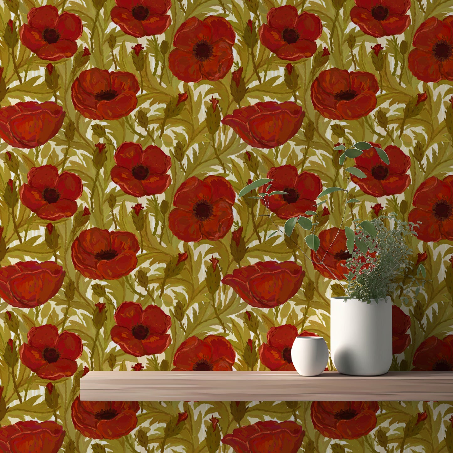 Nature-inspired vintage red poppy wallpaper for serene, rustic vibes.