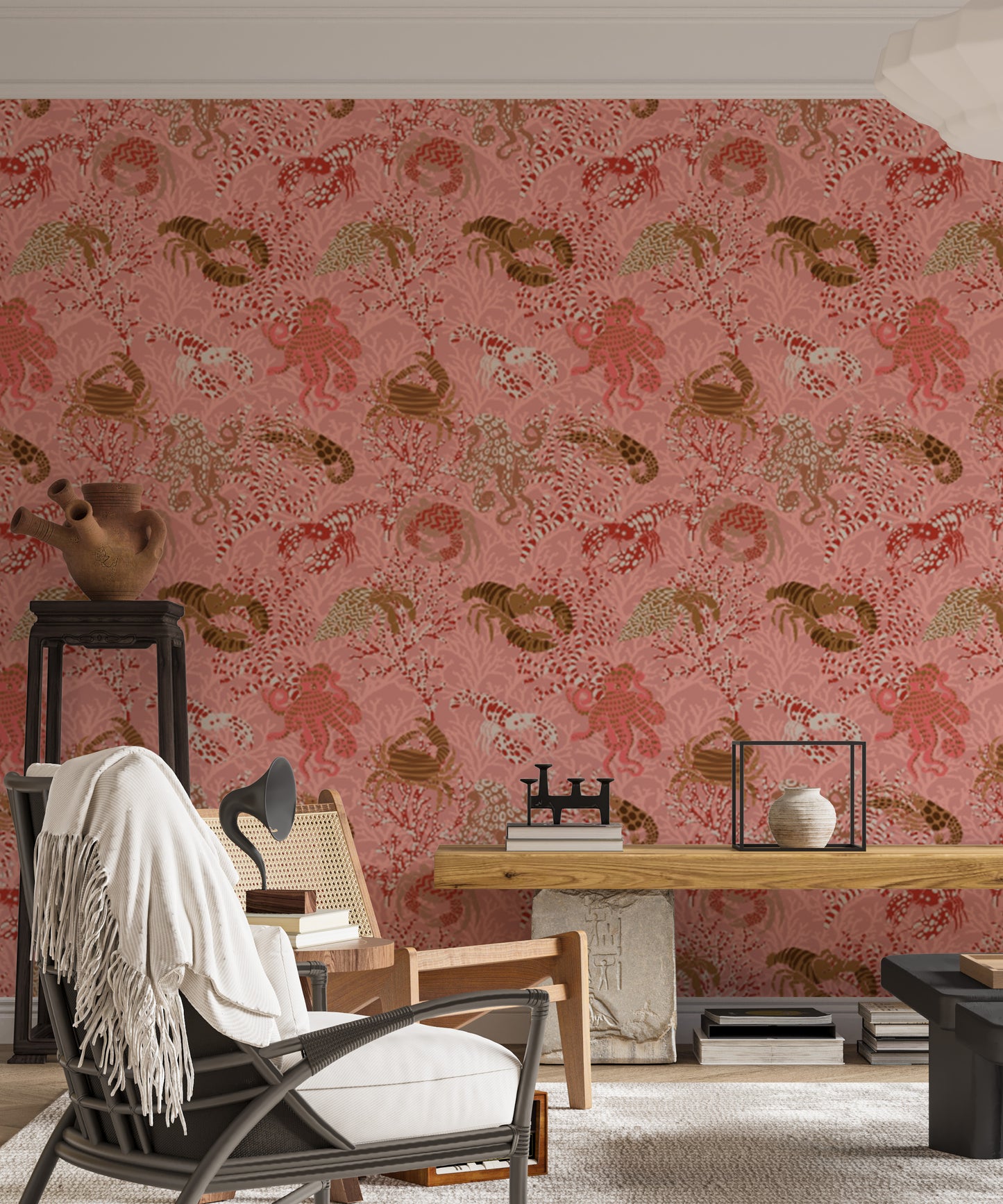 Vintage Oceanic wallpaper featuring ships, seashells, and waves.