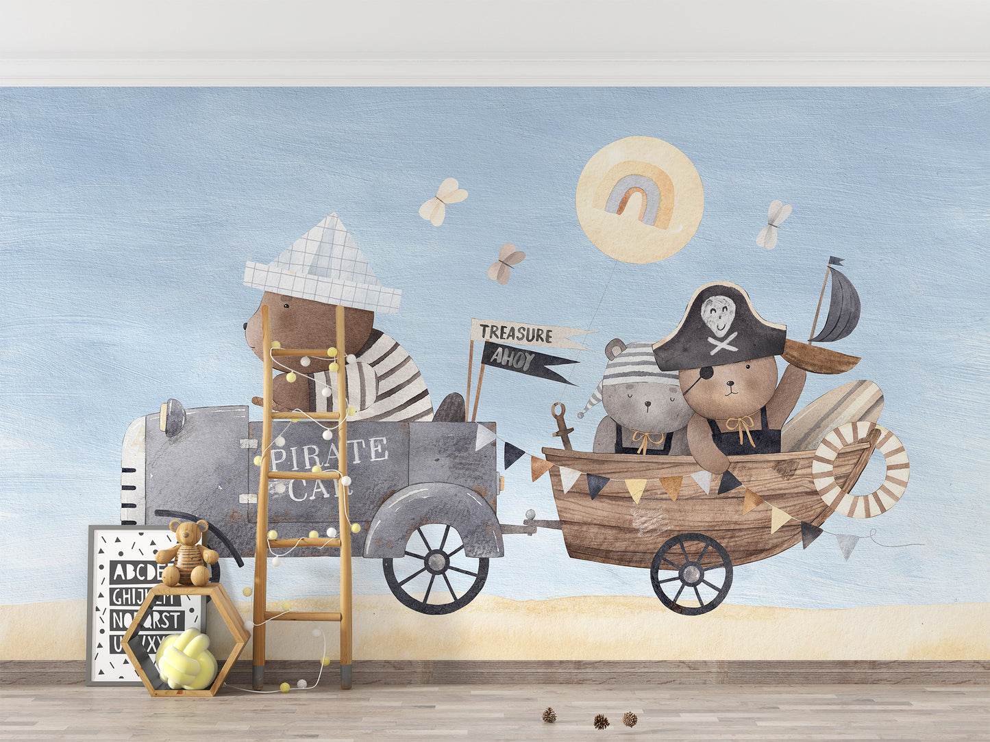 Delightful pirate bear-themed wall mural for magical kids' spaces.
