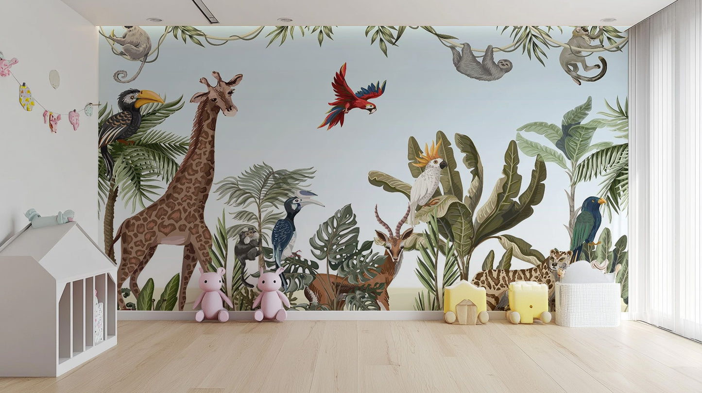 Whimsical jungle wallpaper featuring safari animals for kids.