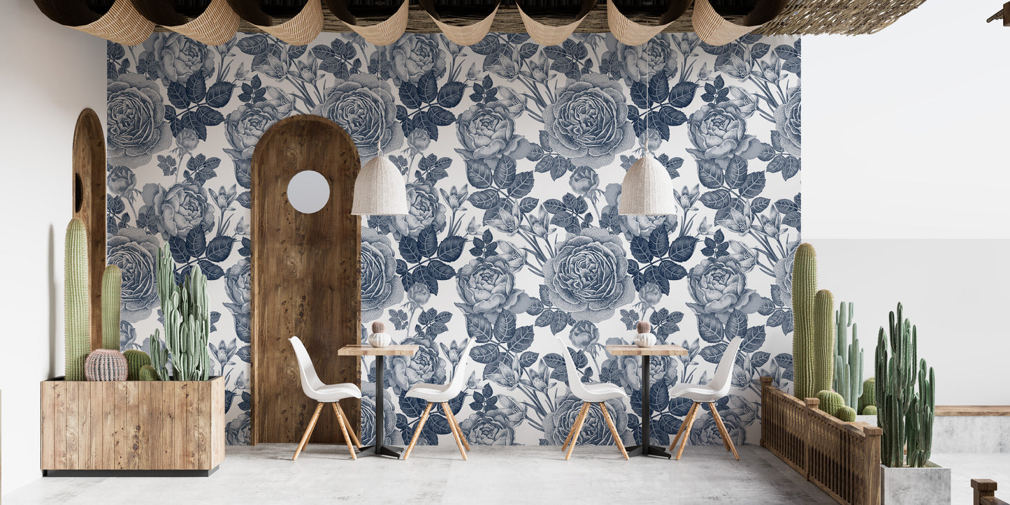 Vintage-inspired blue floral wall mural