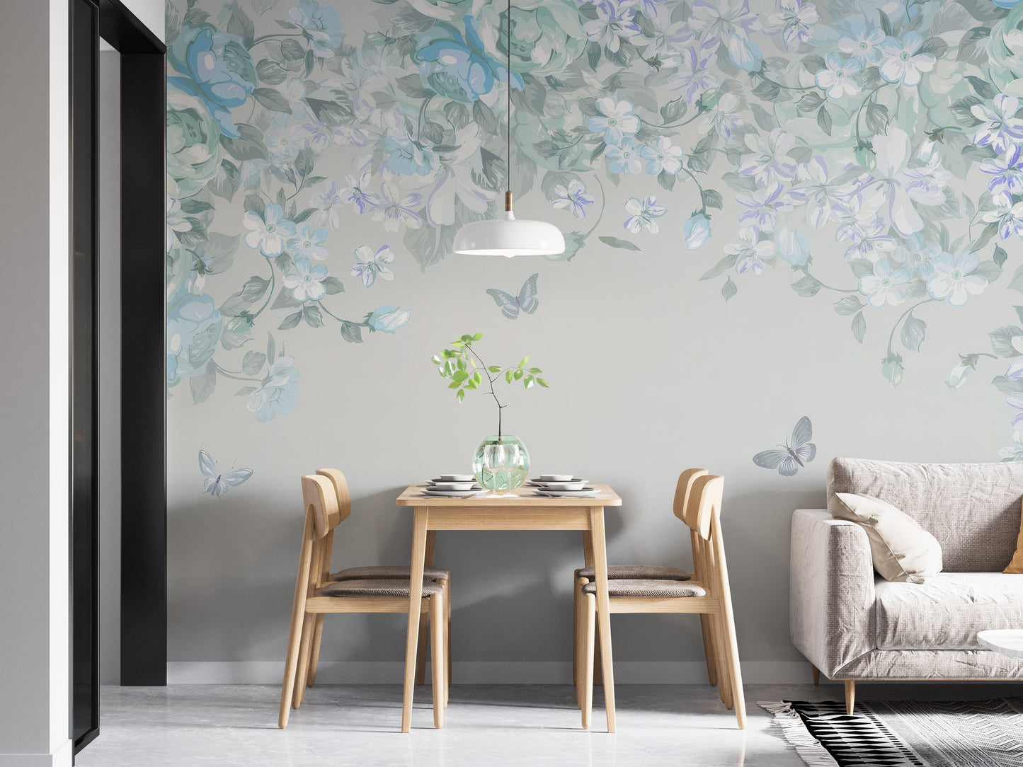 Nature-inspired mural with soft florals