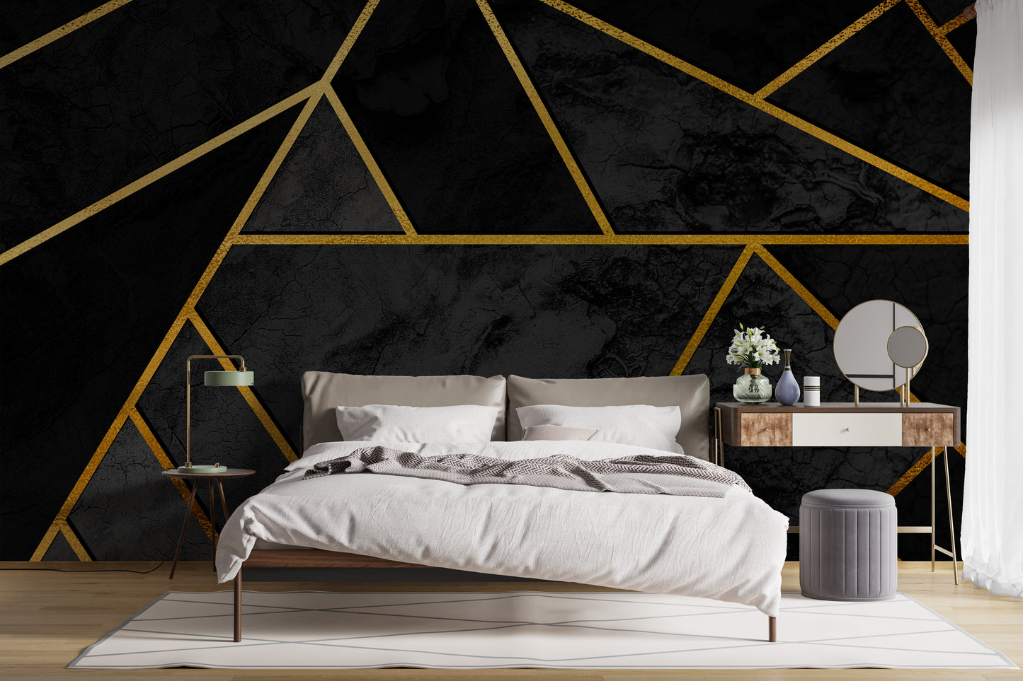 Elegant black and gold geometric mosaic mural