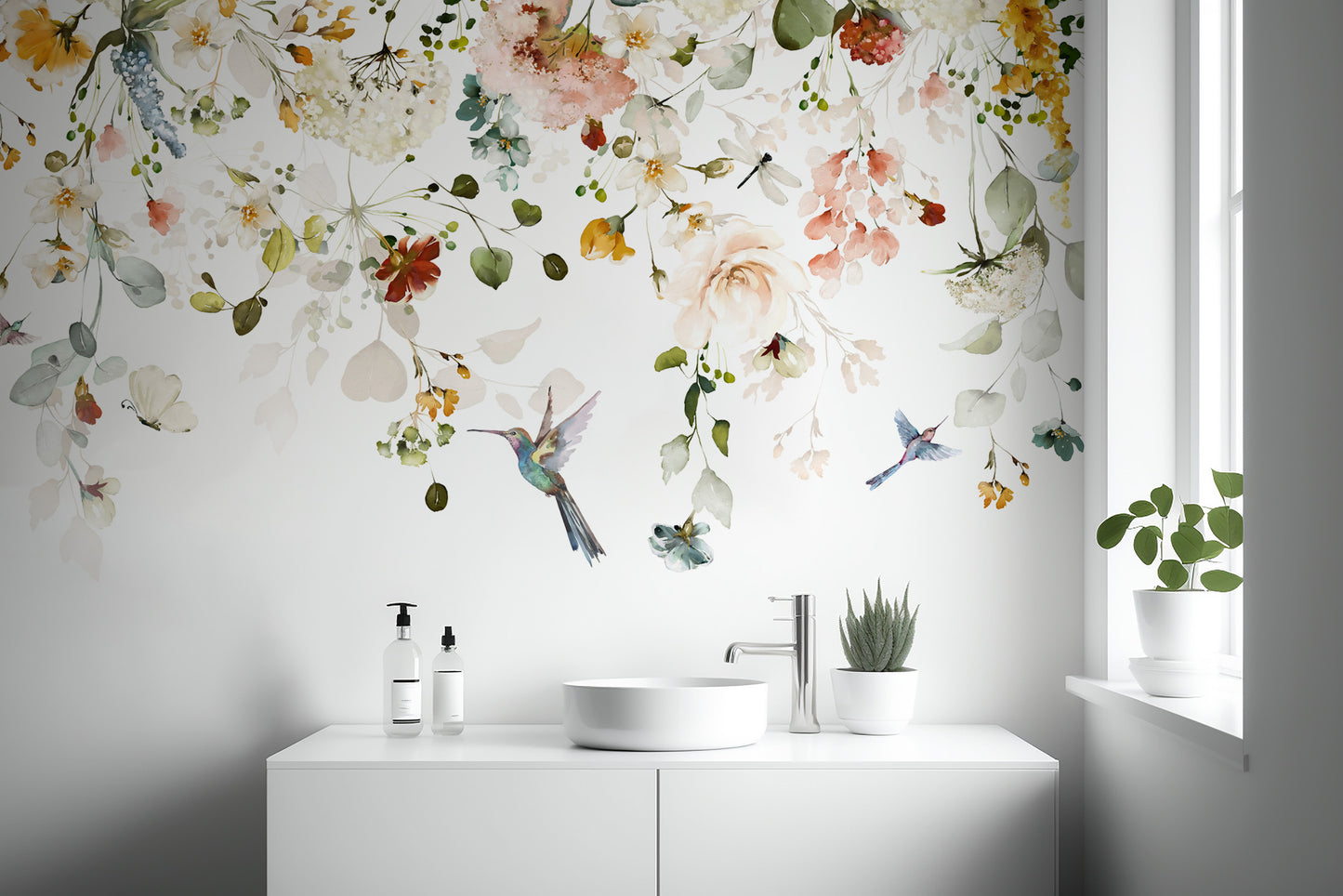 Tropical Flowers and Hummingbird Mural