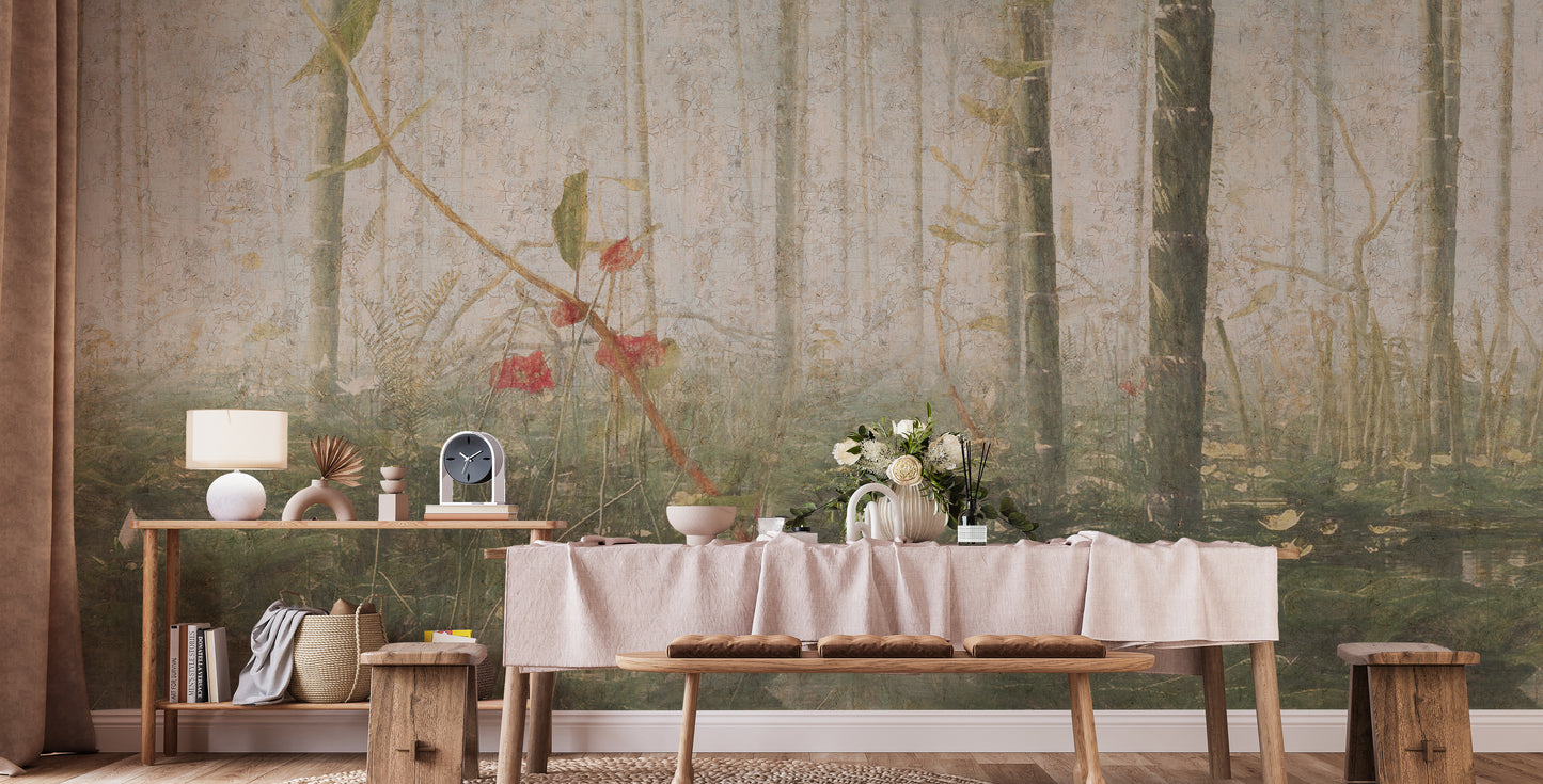 Gentle foggy forest wallpaper mural elegance