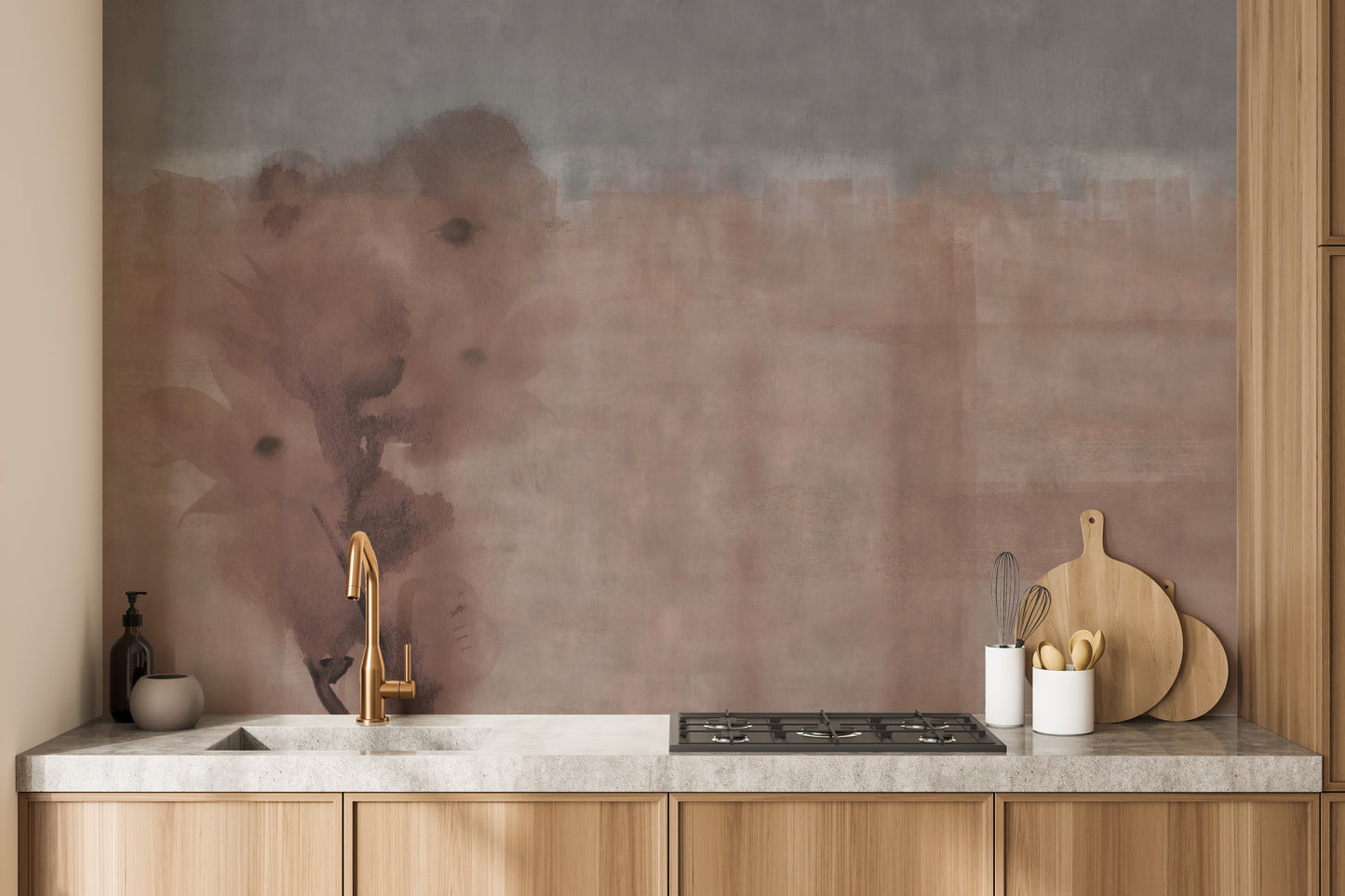 Elegant peel-and-stick wallpaper with soft red watercolor tones.