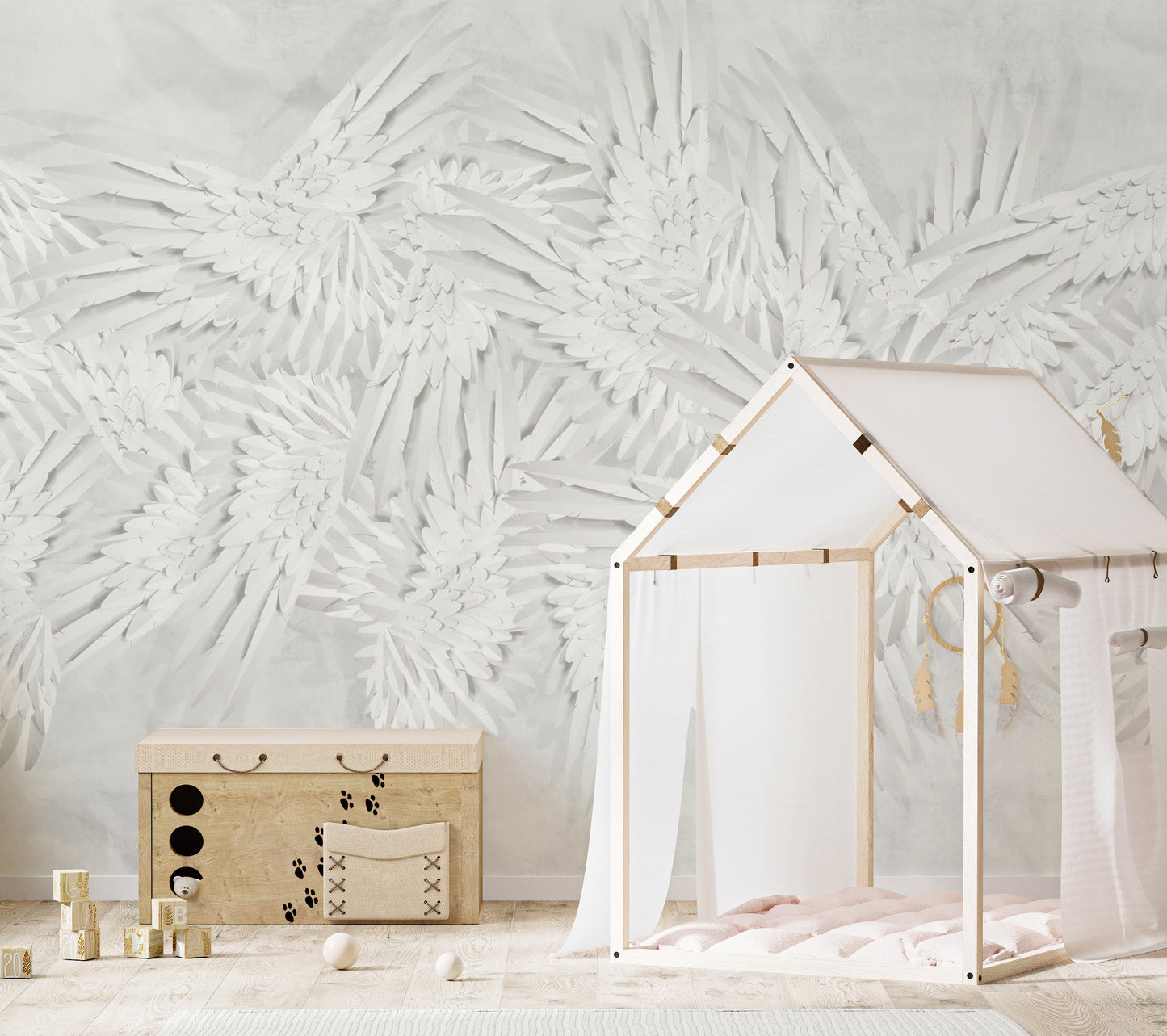 Artistic Angelic Aegis wallpaper with detailed feather motifs.