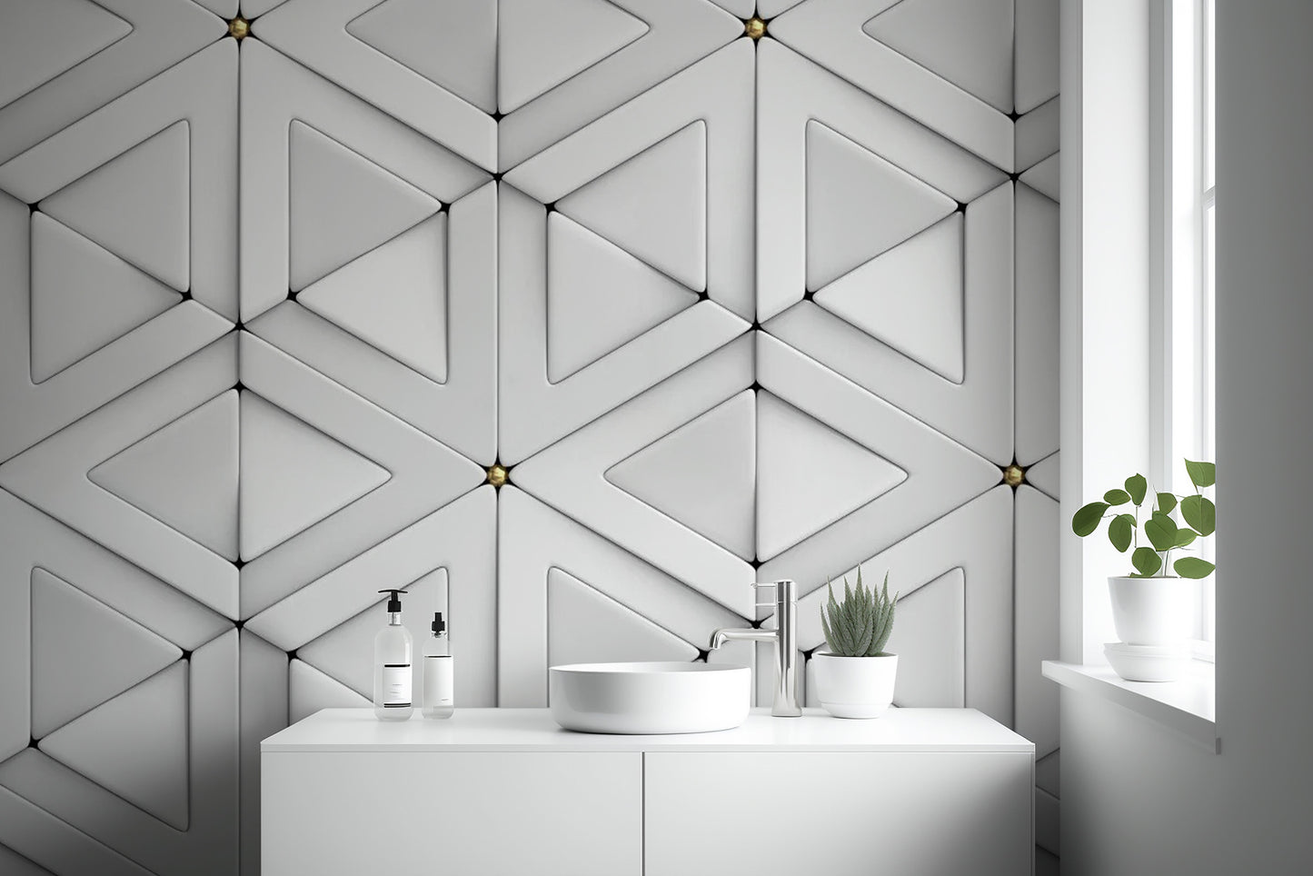 Bold 3D white triangle wallpaper for statement walls.
