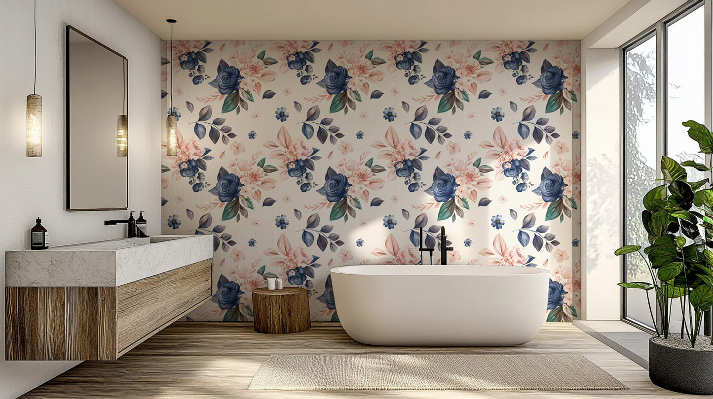 Navy & peach floral wallpaper for any room