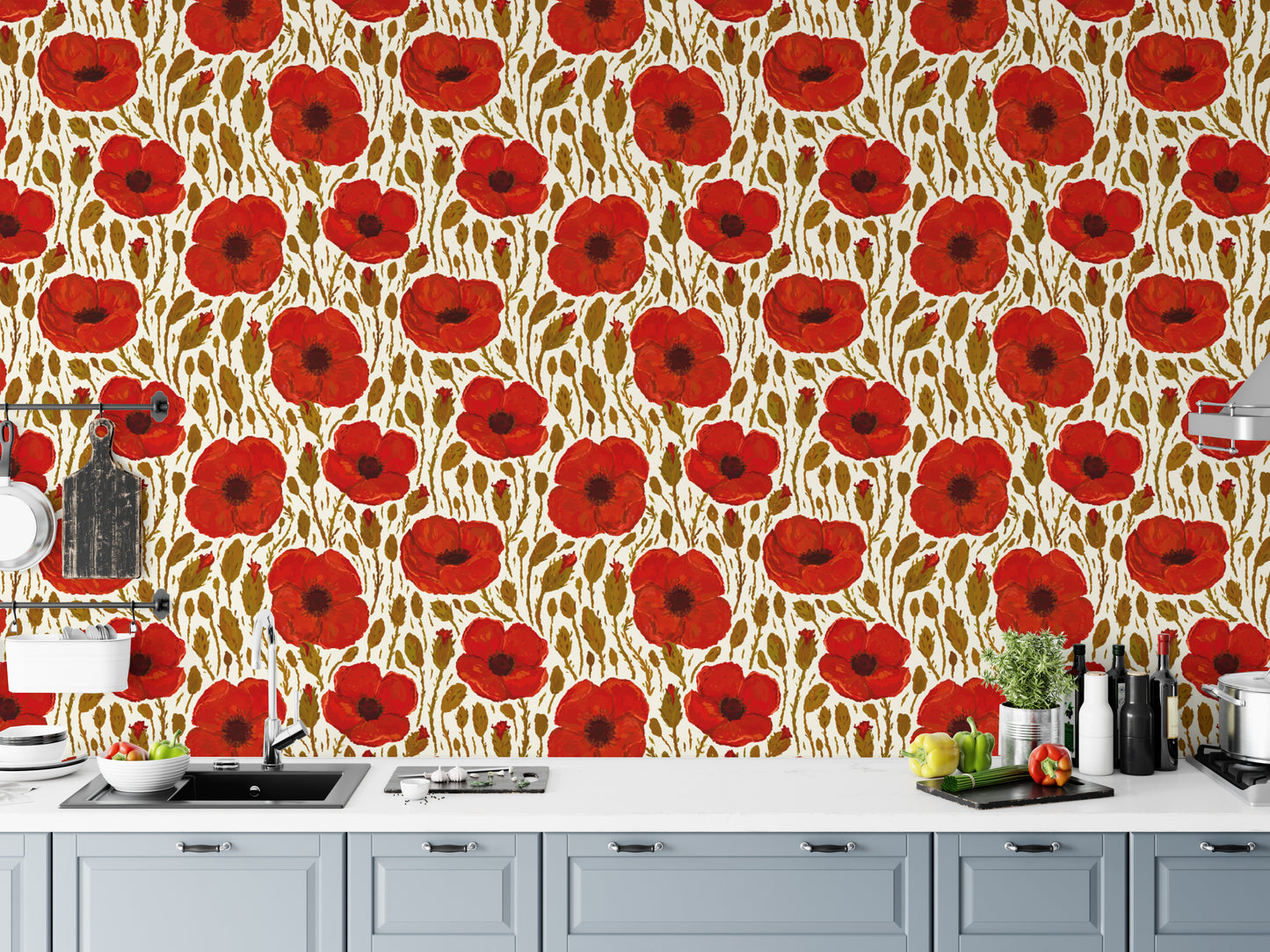 Nature-inspired light red poppy wallpaper for serene and cozy spaces.