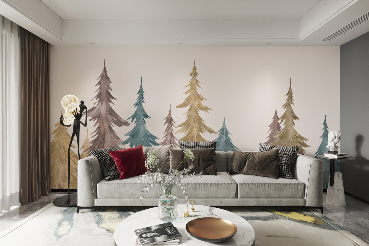 Graceful evergreen alpine mural for a timeless interior look.