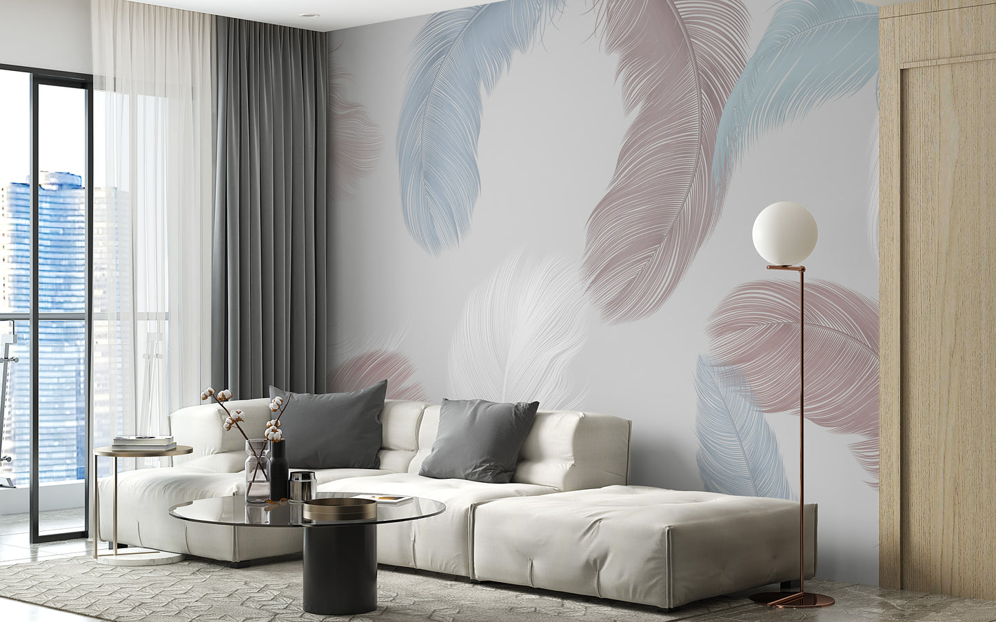 Dynamic feather mural in a colorful palette
