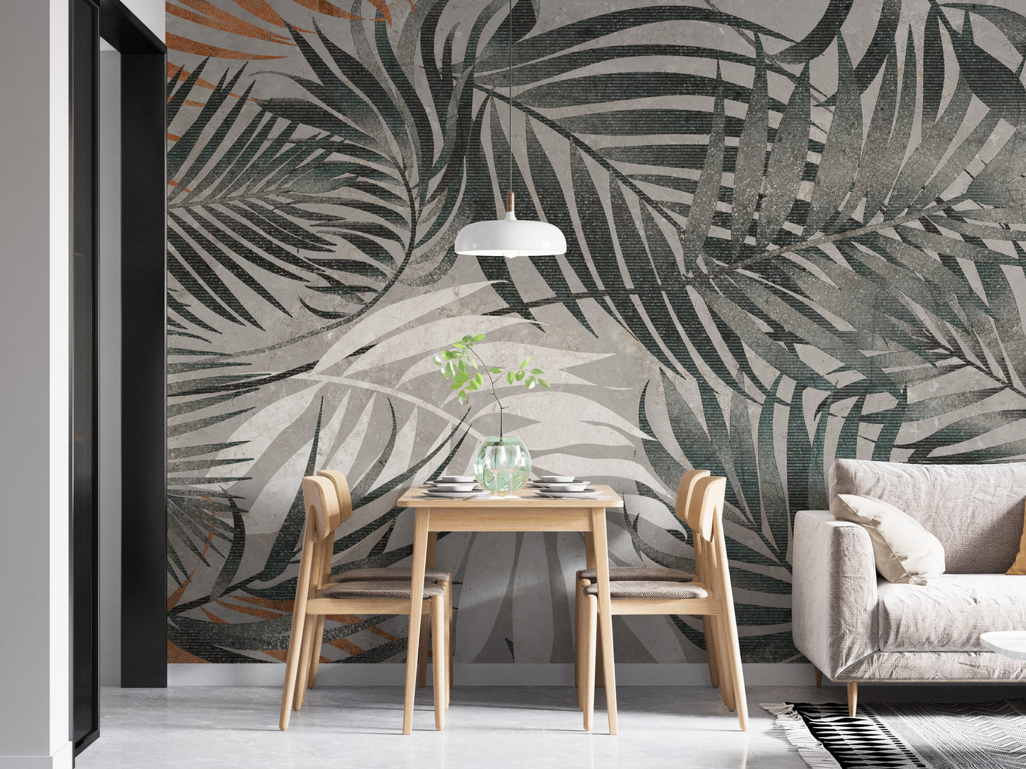 Soft grey tropical wallpaper with leaves