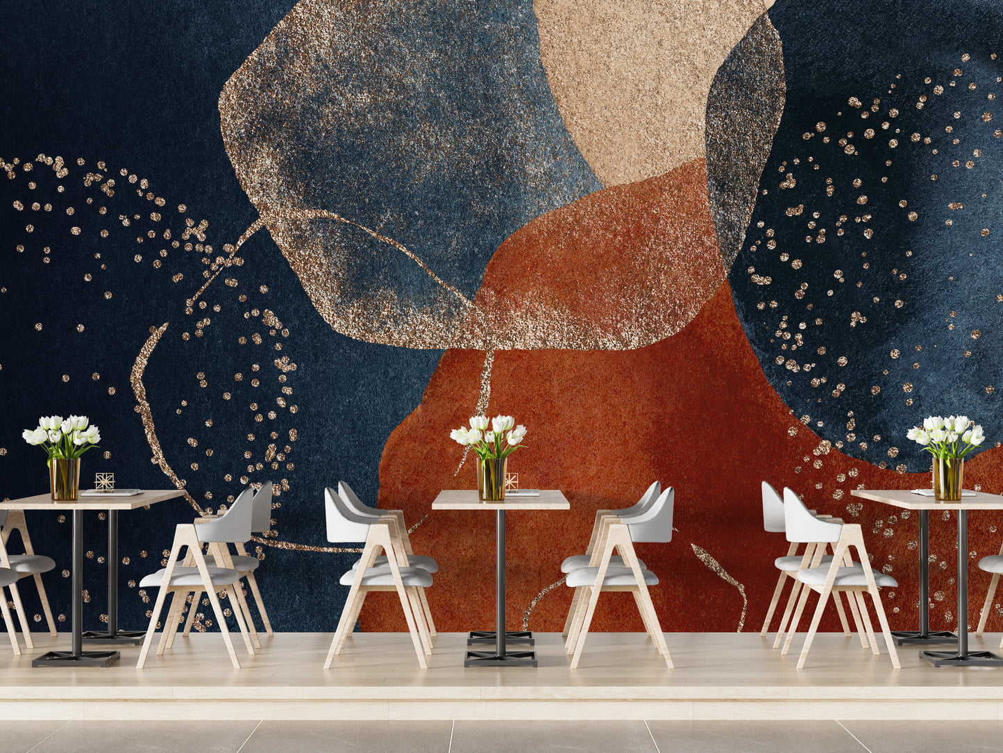 Sophisticated navy blue and terracotta wallpaper mural