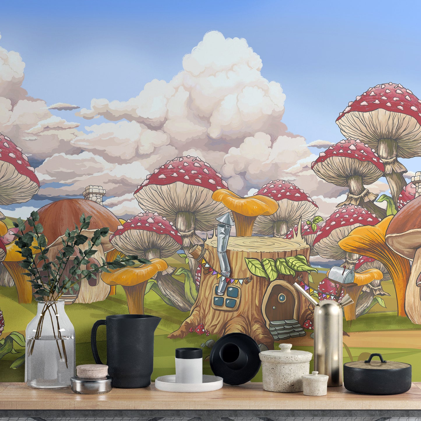 Mushroom city wall mural in vibrant colors