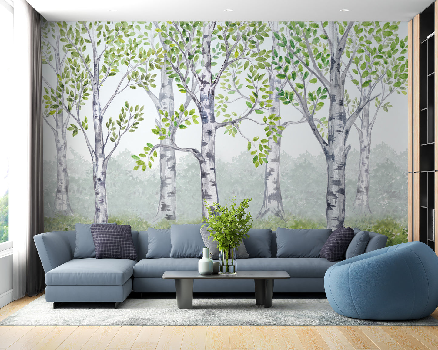 Green watercolor wood wallpaper mural for children's rooms