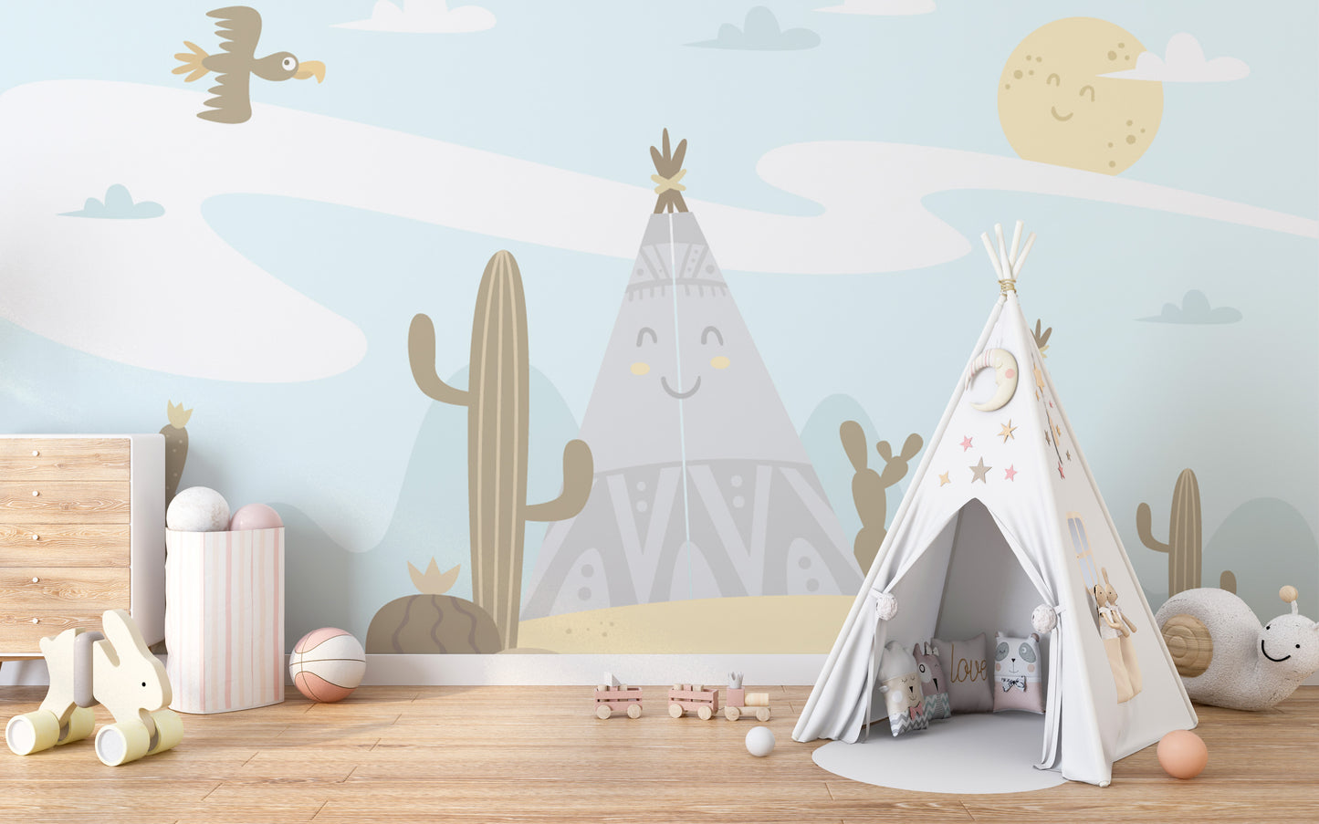 Happy tipi and sky wallpaper mural for kids bedrooms
