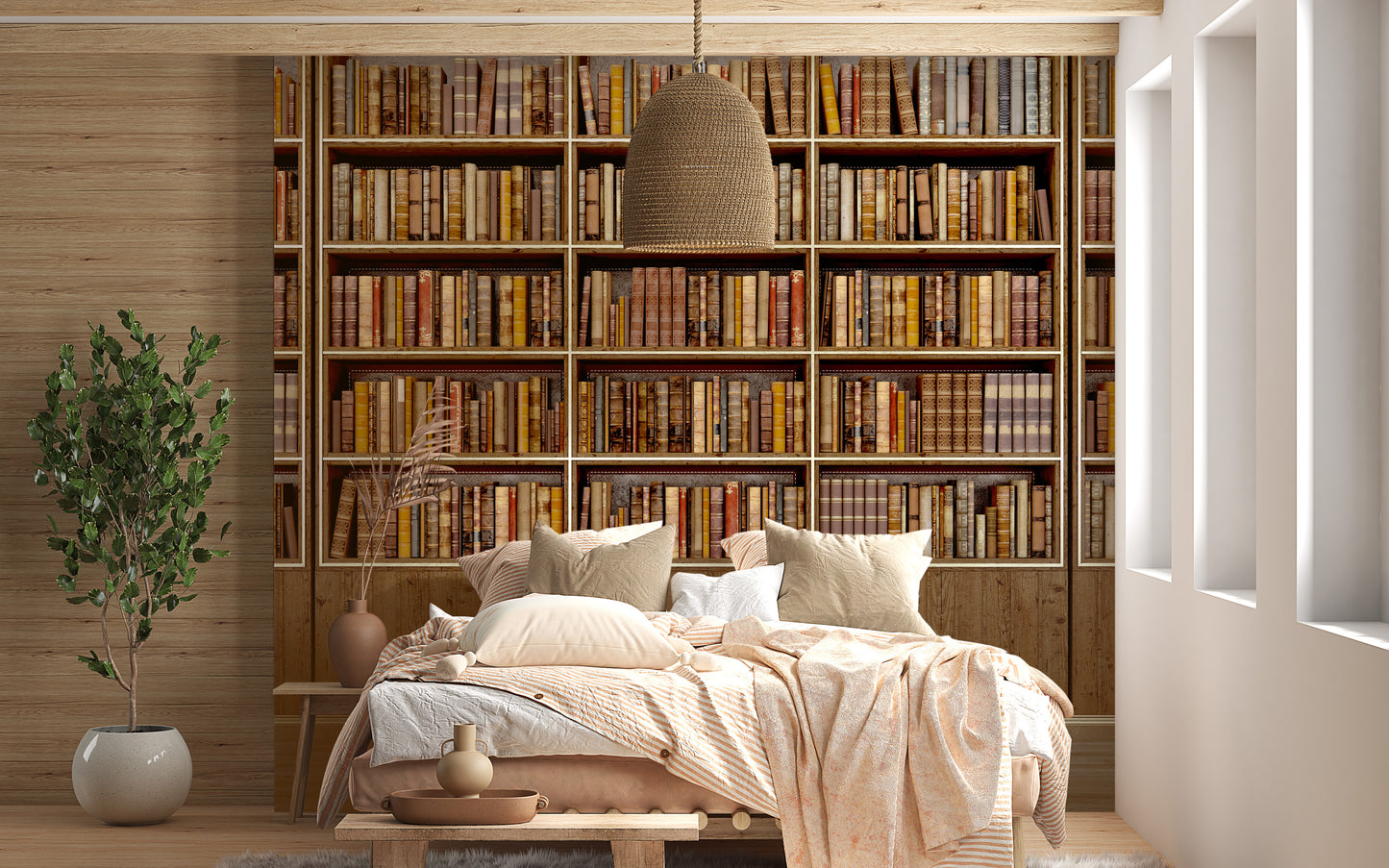 Realistic mural of stacked books for wall decoration