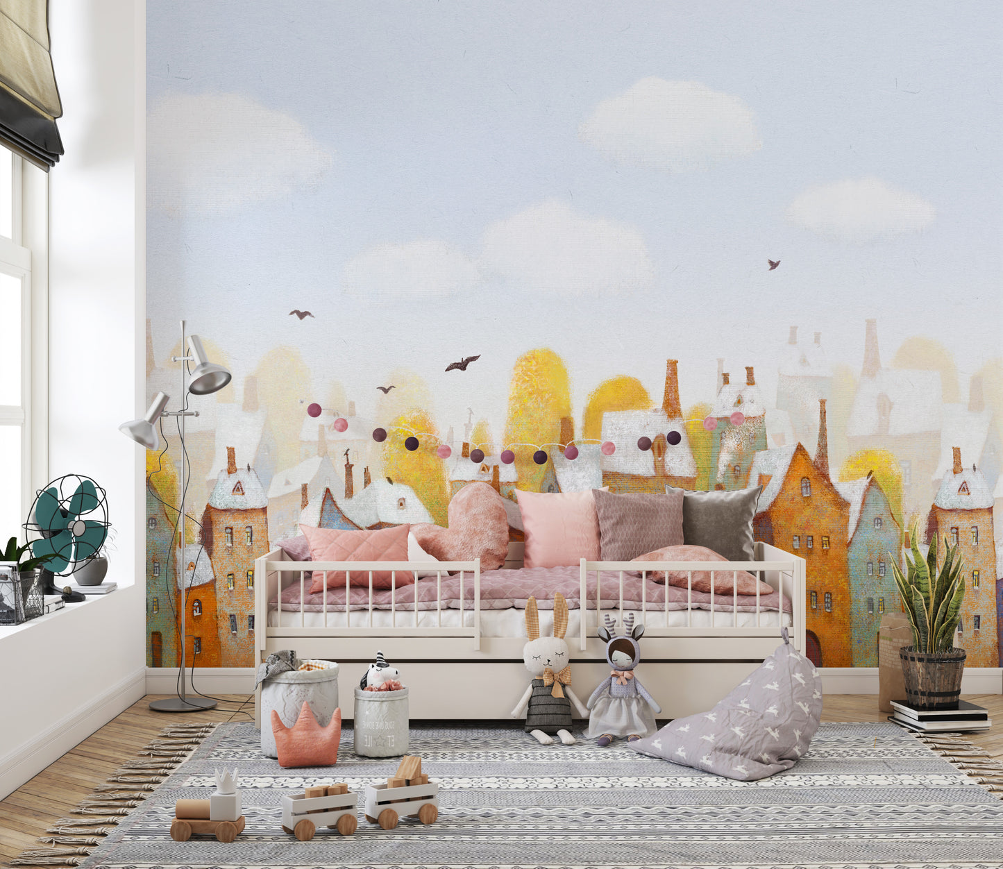 Artistic city view wallpaper in soft watercolor