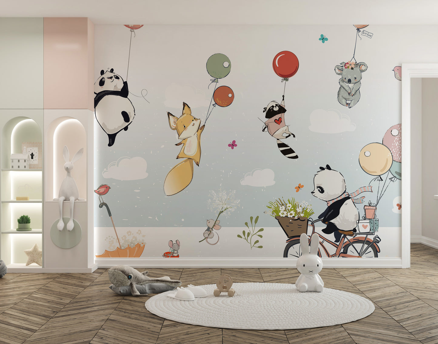 Nursery mural with animals and balloons theme