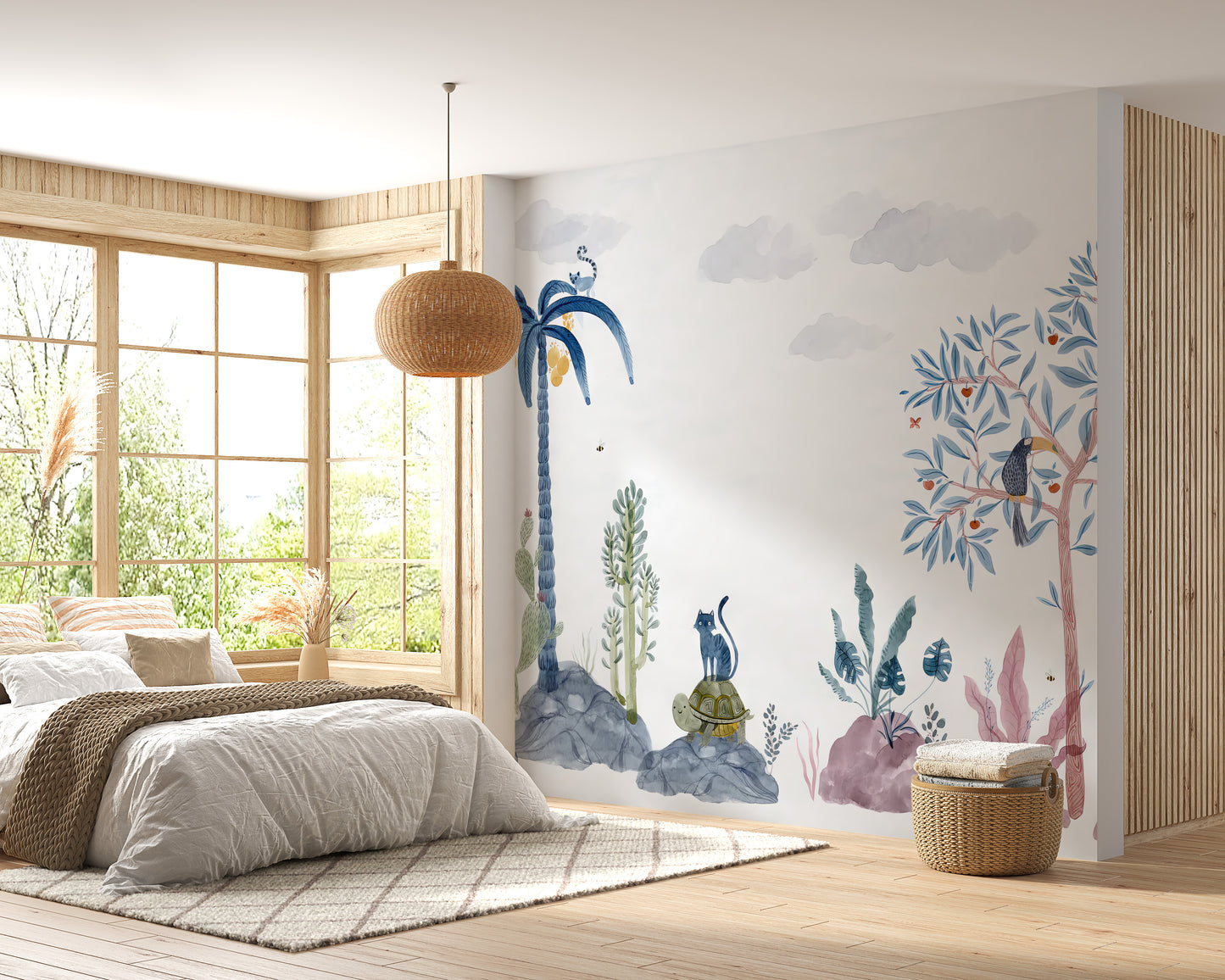 Creative wildlife wallpaper with cacti and tropical plants