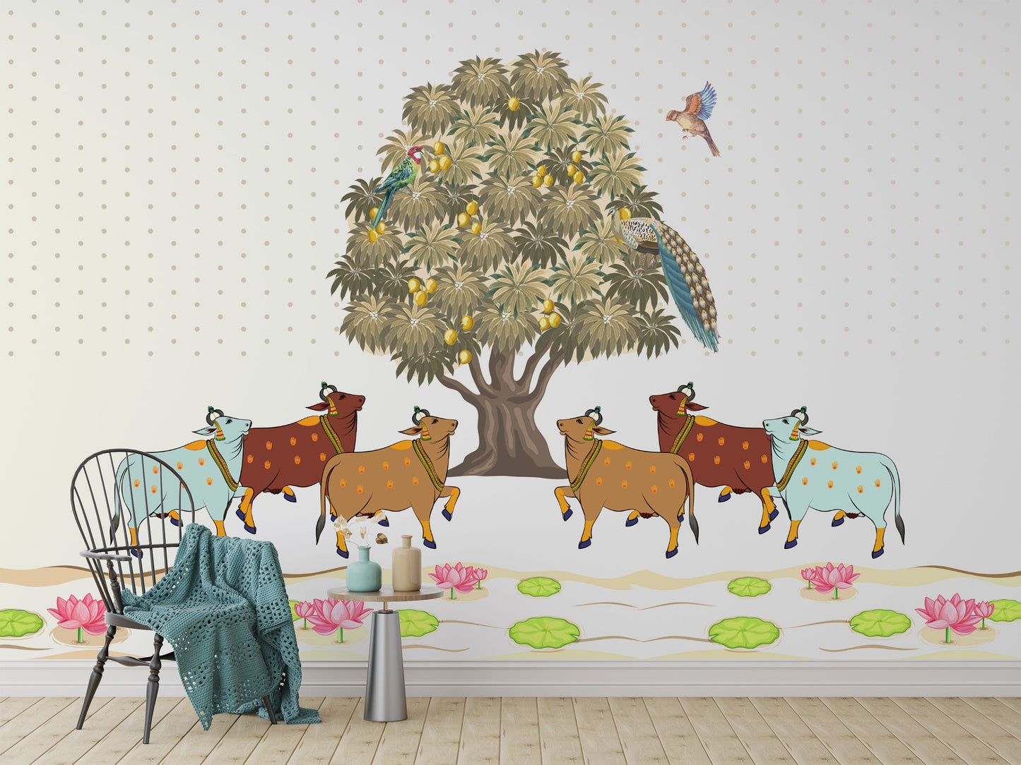 Pichwai Sacred Cows Mango Tree Mural elegant design