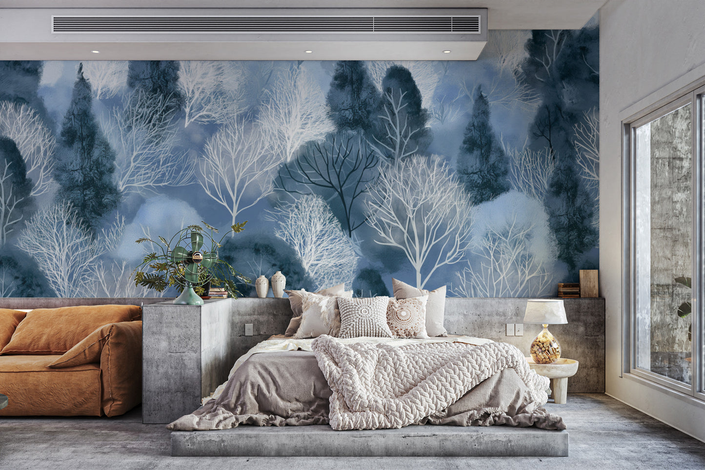 Calm snow-covered trees in a serene forest setting