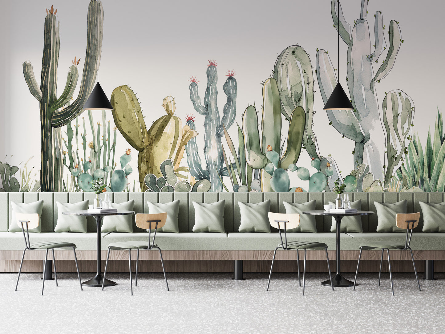 Prickly cacti bathed in warm watercolor desert colors