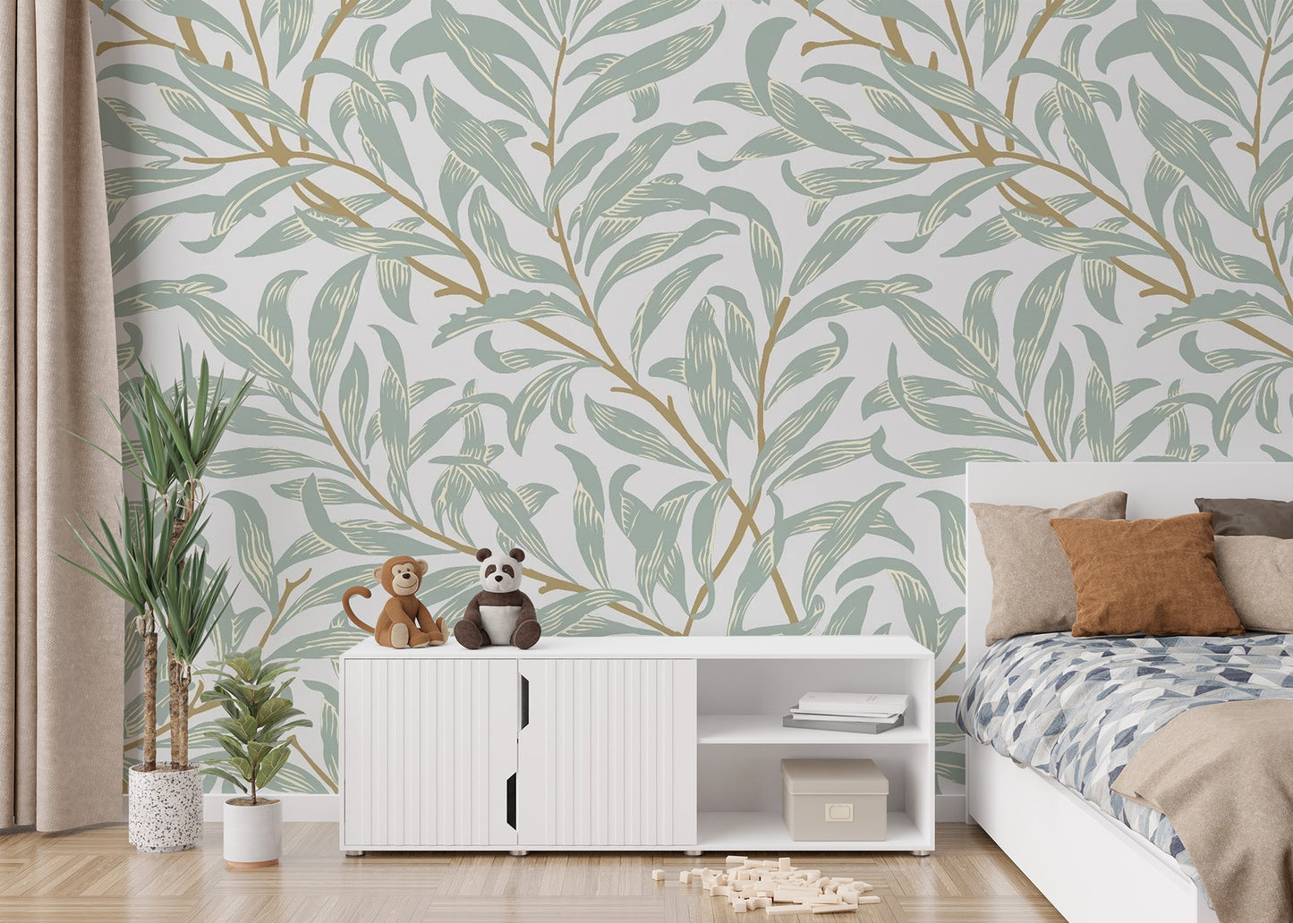 Soft olive green wall mural for a grounded and natural interior look.