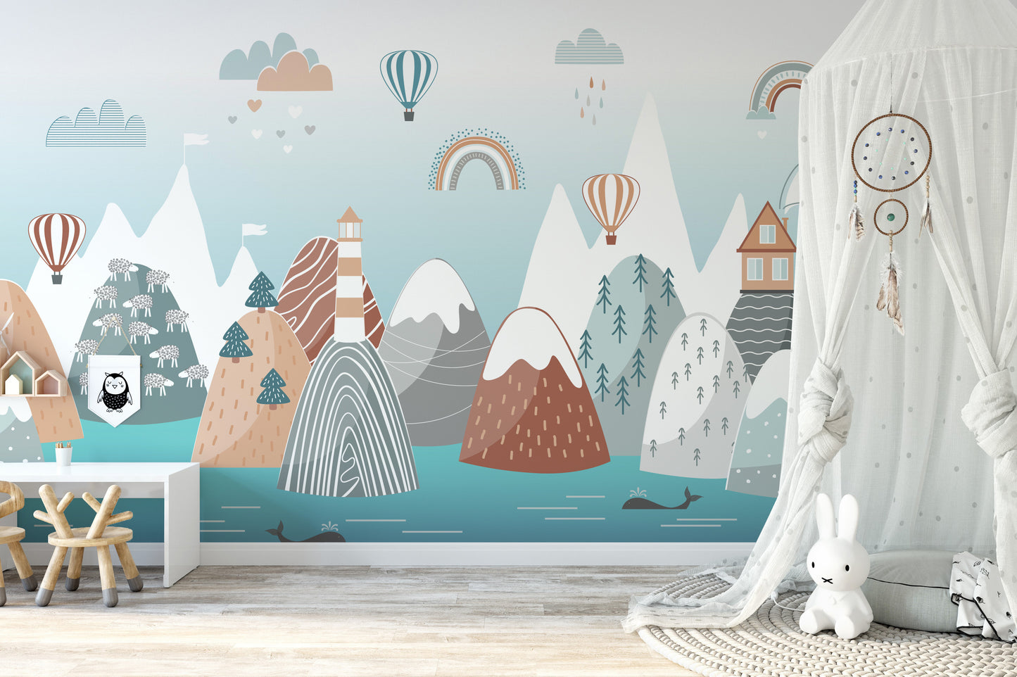 Kids mural with colorful rainbows