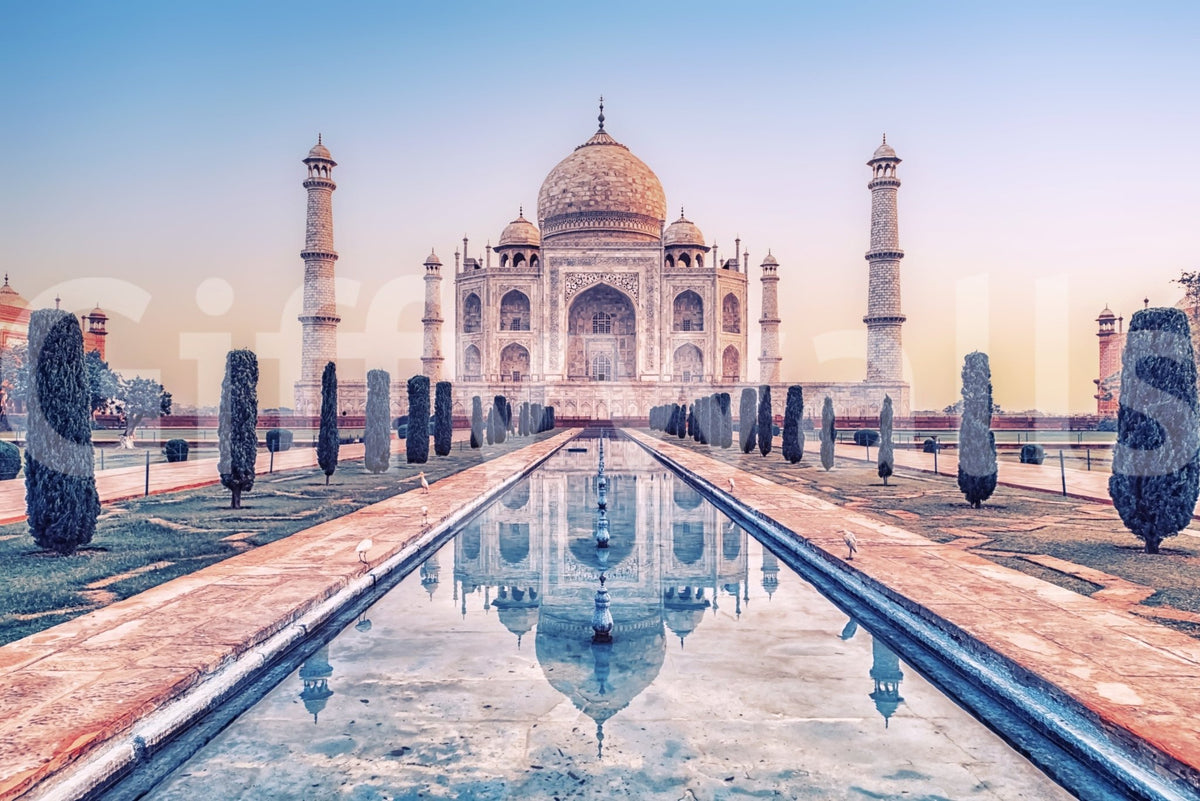 Agra's Jewel wallpaper mural shown as a full-wall view of the Taj Mahal mirrored in its long reflecting pool