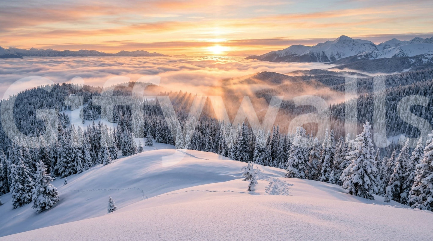 Mountain sunrise wall mural snowy forest panorama