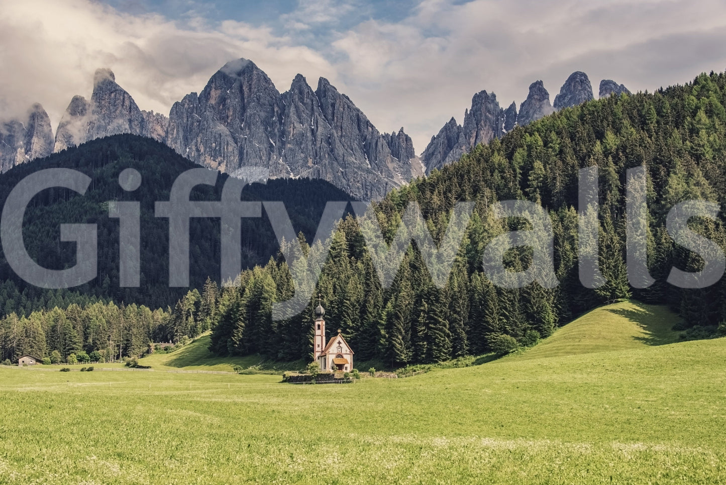 Iconic Dolomites vista, forest trees, Alpine Chapel Vista backdrop.