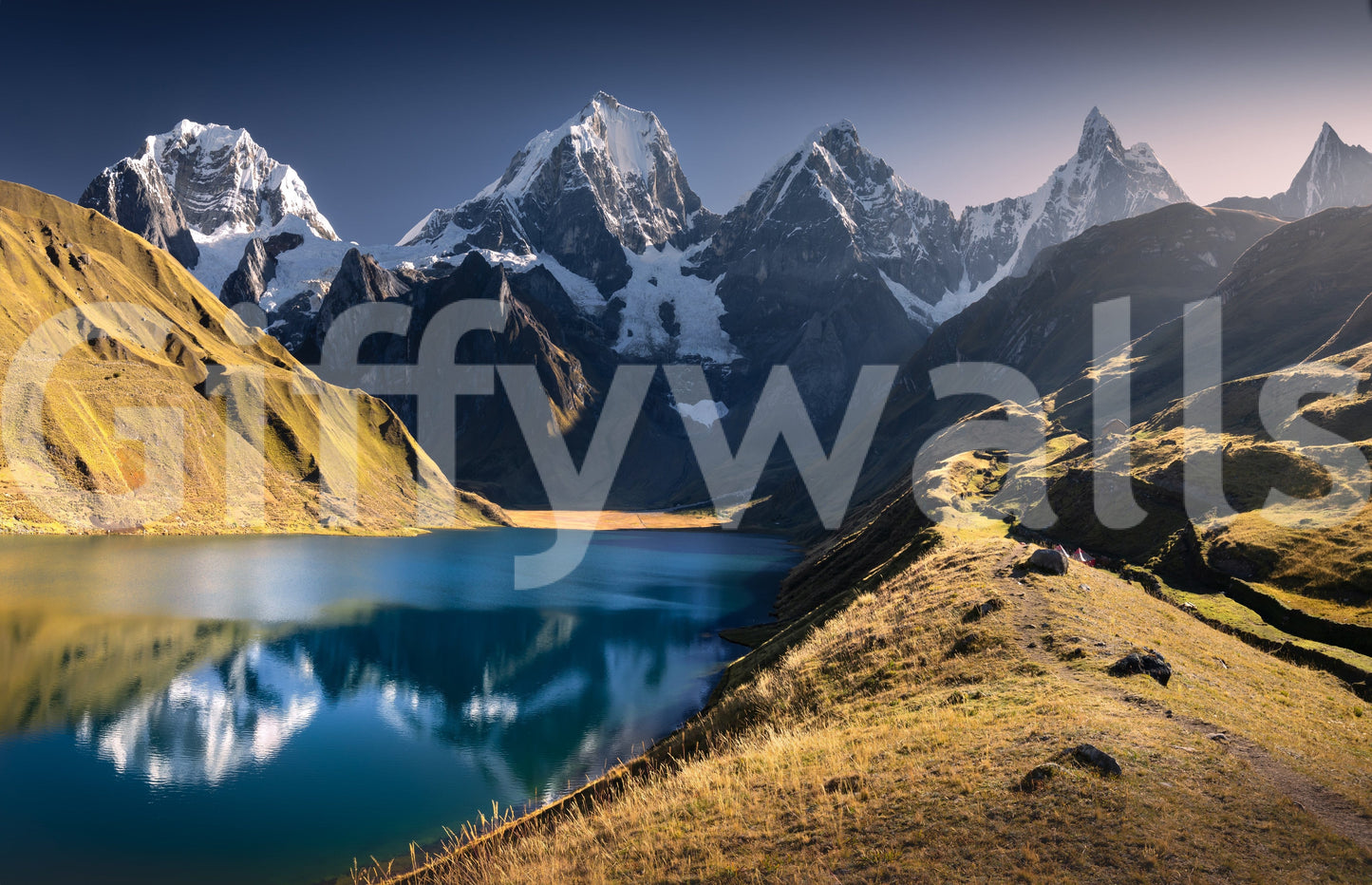 Andean Peaks & Serene Lake wallpaper mural shown as a full-wall mural of snowy peaks mirrored in a blue lake