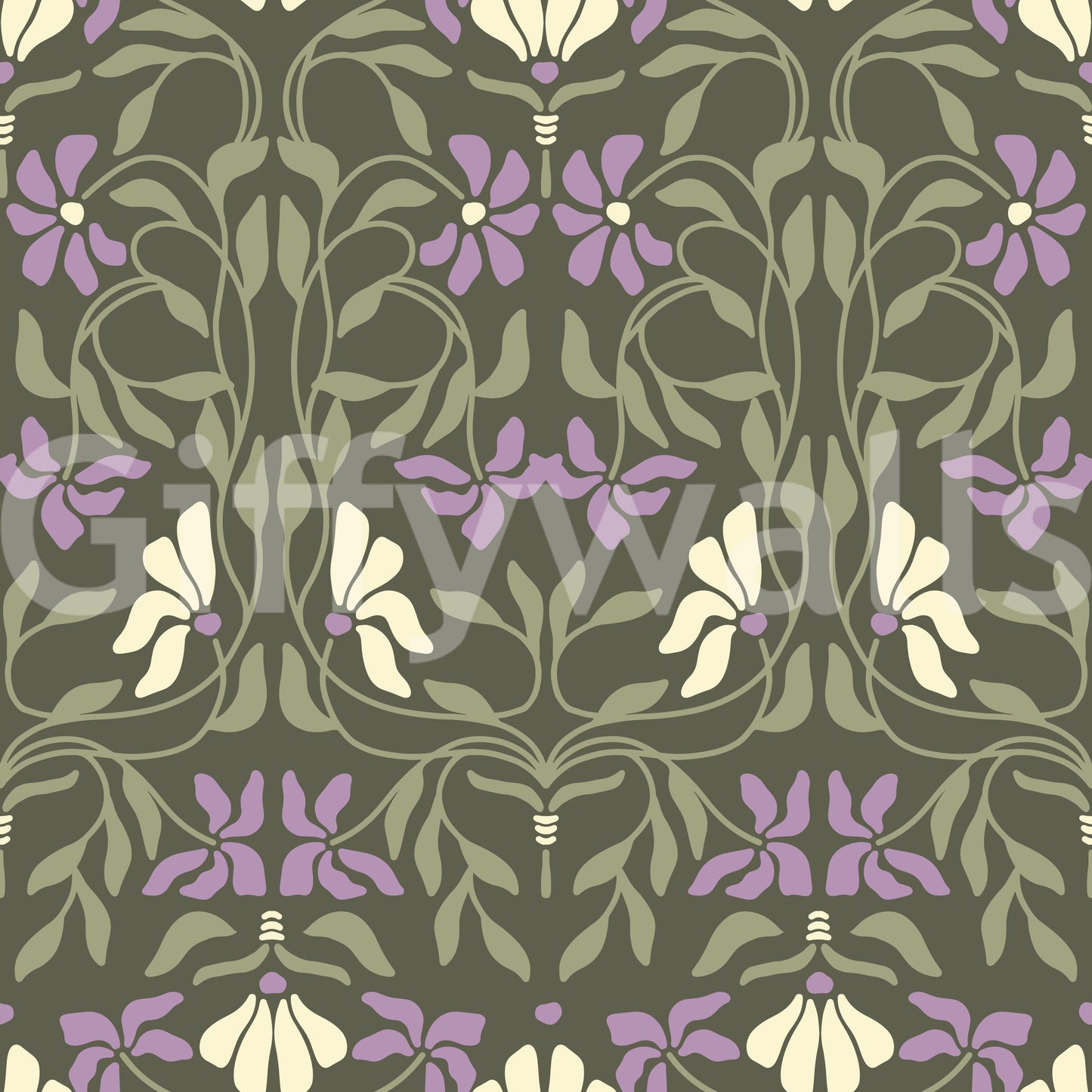 Art Nouveau Bloom wallpaper close-up showing the pattern detail of lilac and cream flowers with sage leaves on olive green