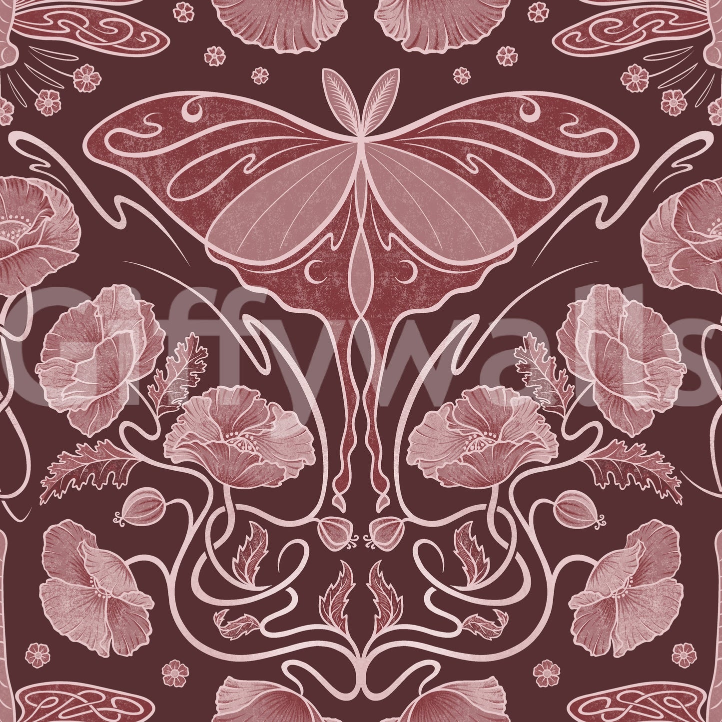 Art Nouveau Poppies and Luna Moth Crimson wallpaper close-up of pink luna moth and poppies on crimson background
