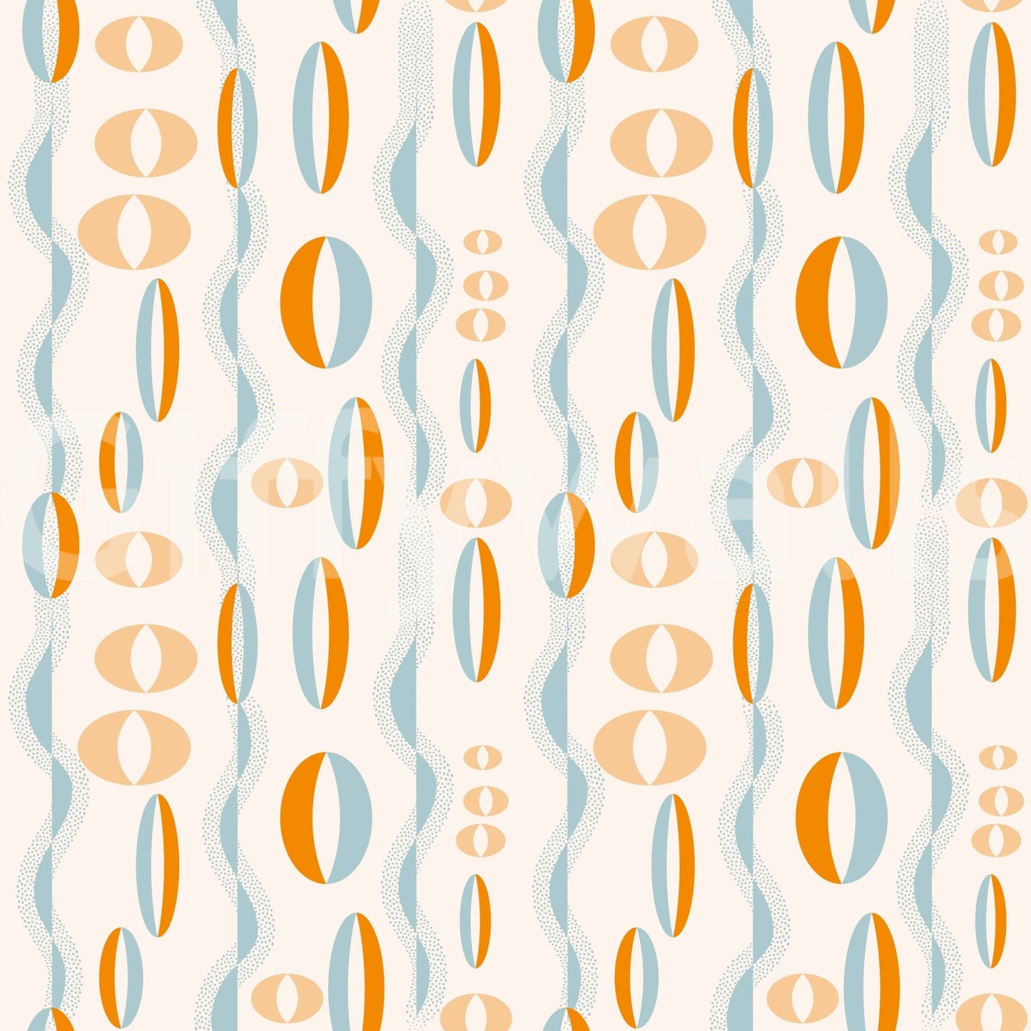 Atomic-inspired wallpaper with bold oval shapes and dotted wave lines for a vintage look.