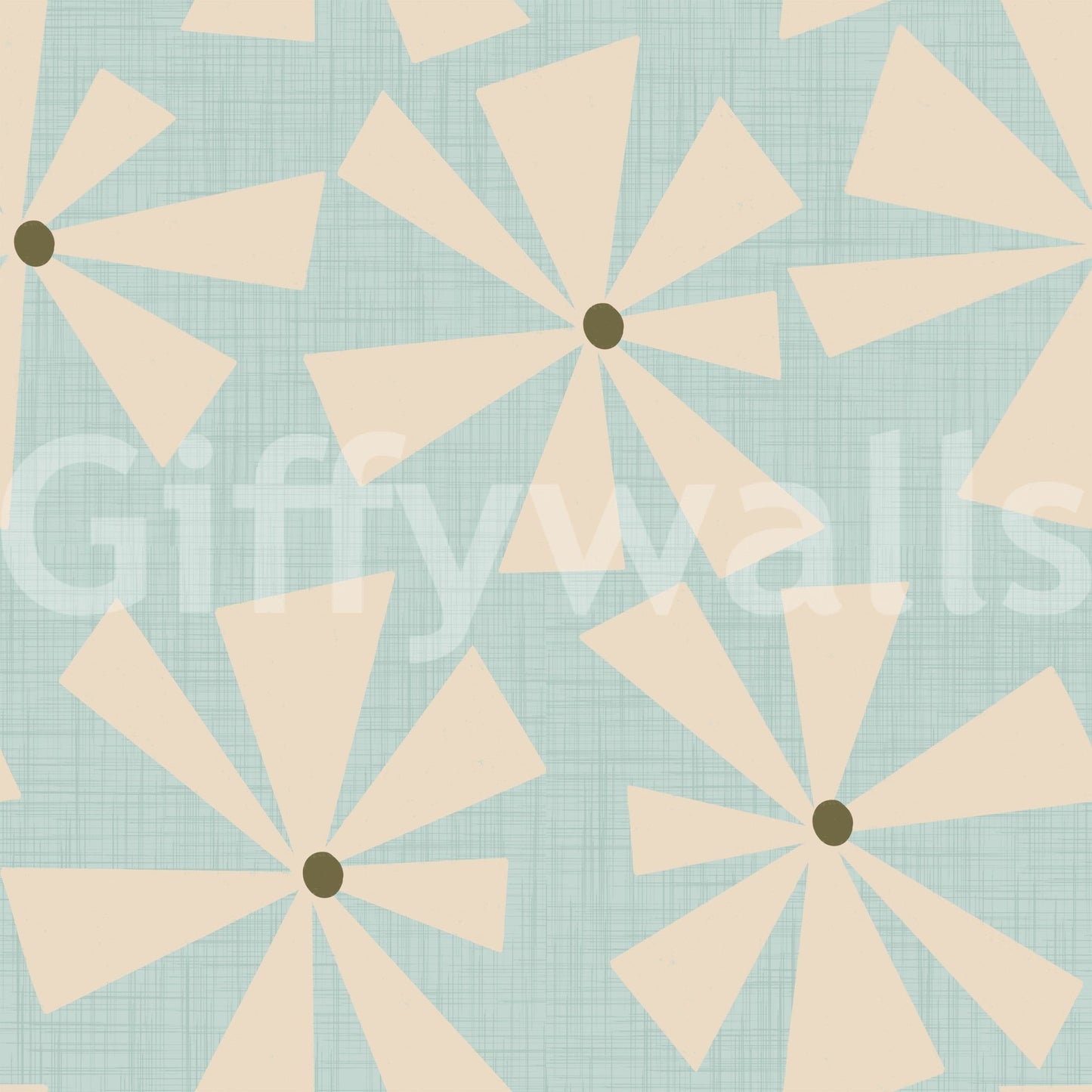 Retro floral burst wallpaper with radiating cream petals against a cool aqua backdrop.