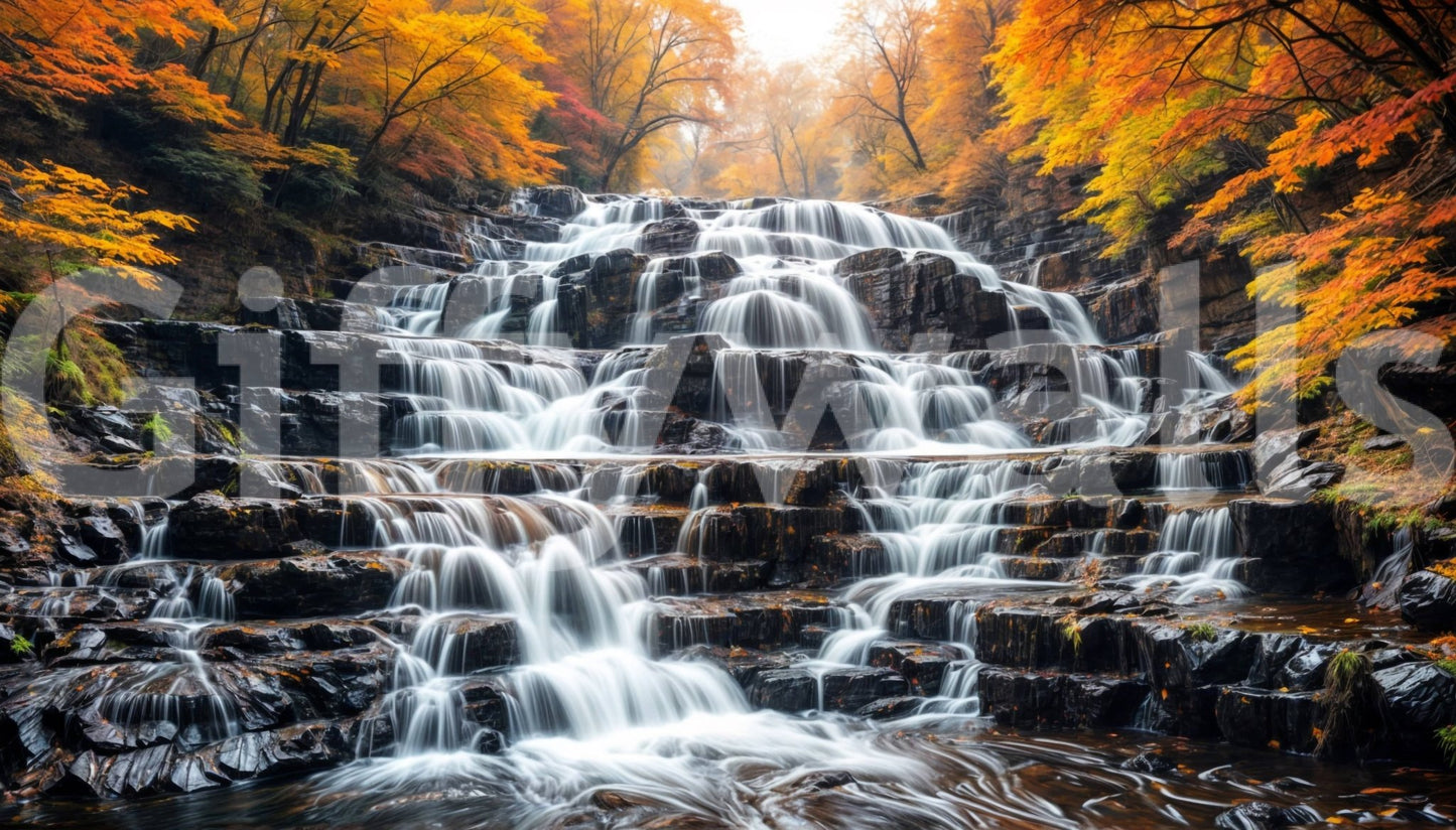 Waterfall mural in bathroom, autumn trees, modern spa-style wall decor feature